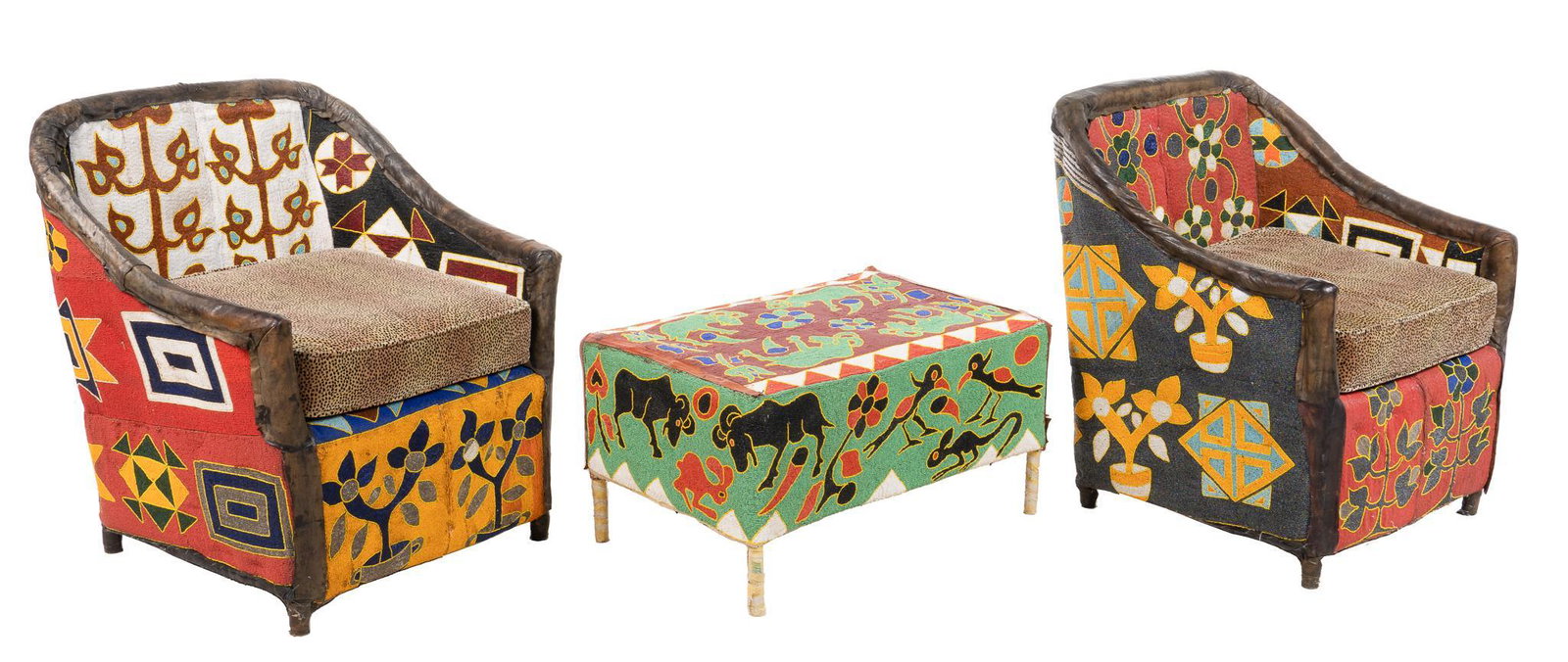 Pair of Yoruba Chairs with Ottoman: Pair of hand-beaded Yoruba chairs, with with tub frame, featuring one-of-a-kind hand-applied beads, arranged in various pictorial motifs, trimmed with hide, to include matching ottoman and hat, with f