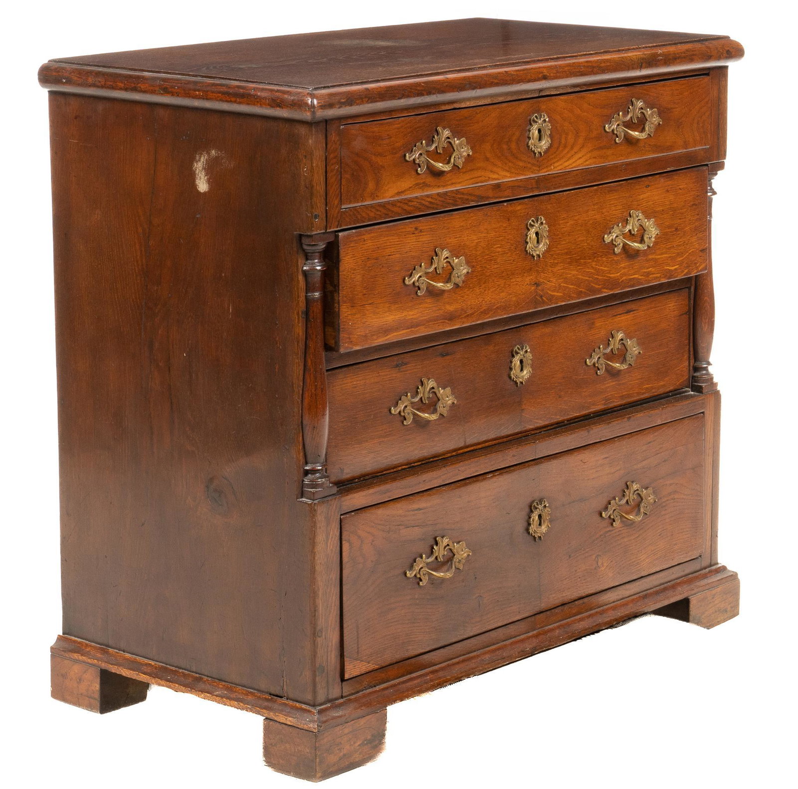 Antique English Chest of Drawers: Antique English chest of drawers, four stacked dovetailed drawers with brass pulls, supported on block feet height 30.5 in. x width 34 in. x depth 19 in. We happily provide seamless shipping services 