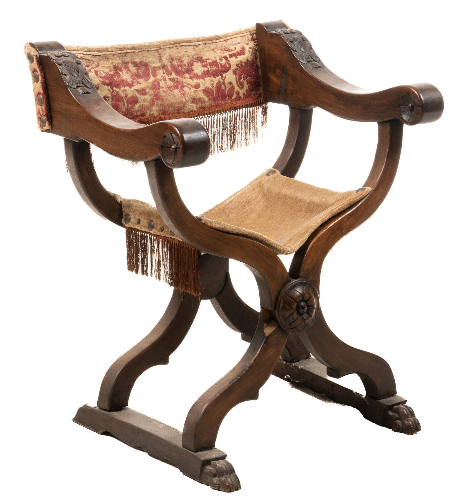 Savonarola Armchair: Savonarola folding armchair, with velvet back, supported on corduroy seat, secured with large stud trim, rising on X-frame base, ending in paw feet height 33 in. x width 29 in. x depth 23 in. We happi