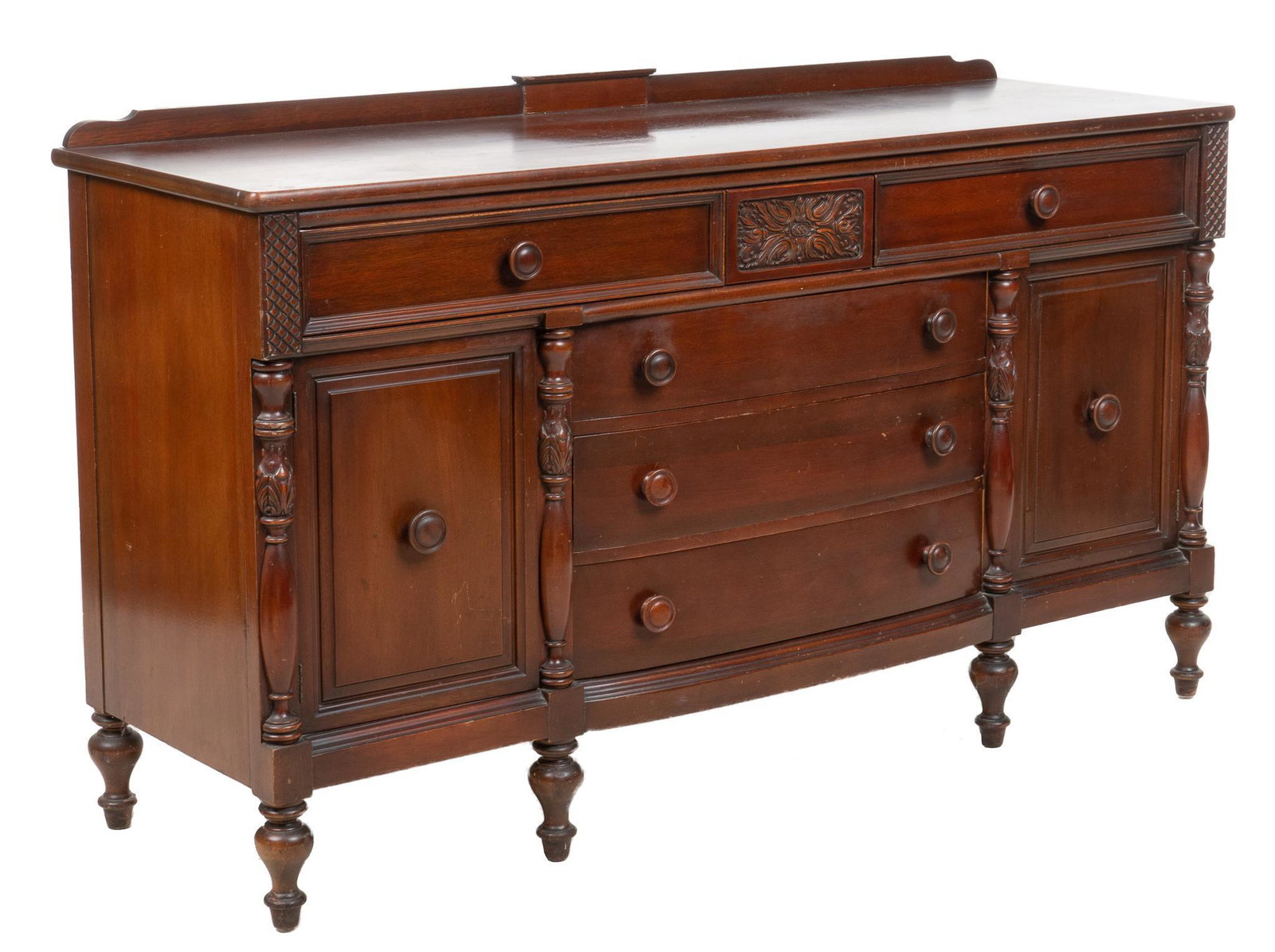 Finch Furniture Co. (USA) Credenza: Finch Furniture Company (USA) credenza, with back gallery, over two drawers, with carved front, opening with interior compartments, over two cabinet doors, flanking stack of three drawers, with round 