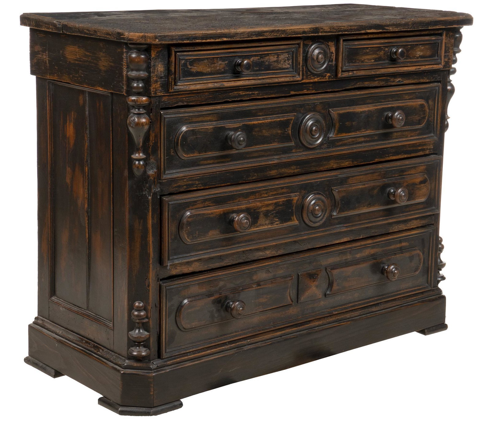 Antique Chest of Drawers: Antique wooden chest of drawers, distressed with age, with two top drawers above three stacked drawers, all with wooden pulls, single paneled sides, supported on bracket feet height 40 in. x width 51 