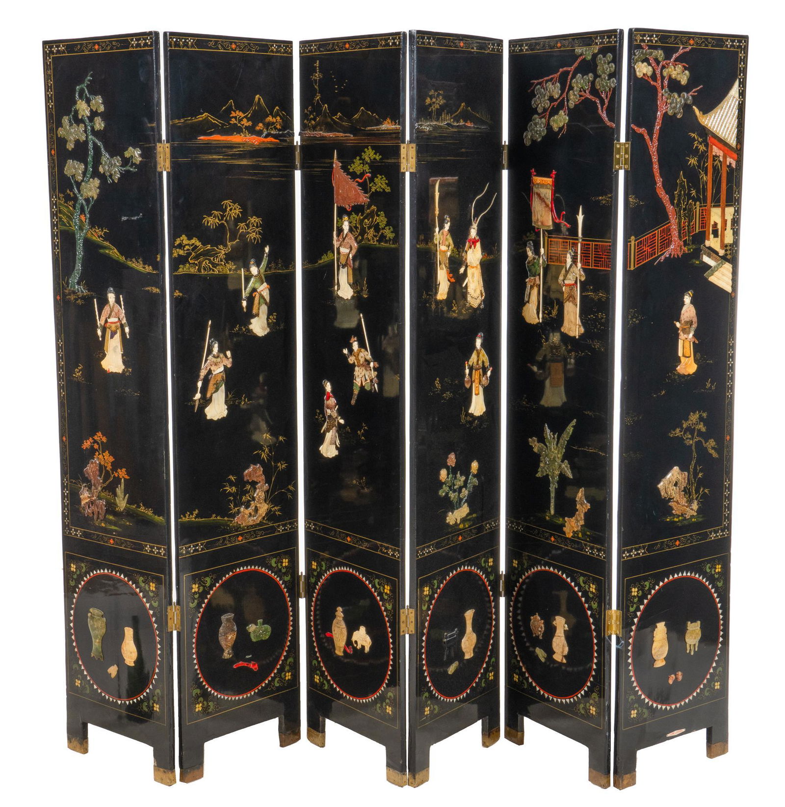 6 Panel Chinese Folding Screen: Chinese folding screen, with six panels, featuring carved classical applique figures height 72 in. x width 96 in. x depth 1 in. Provenance: Property from the San Antonio, Texas home of a life-long w