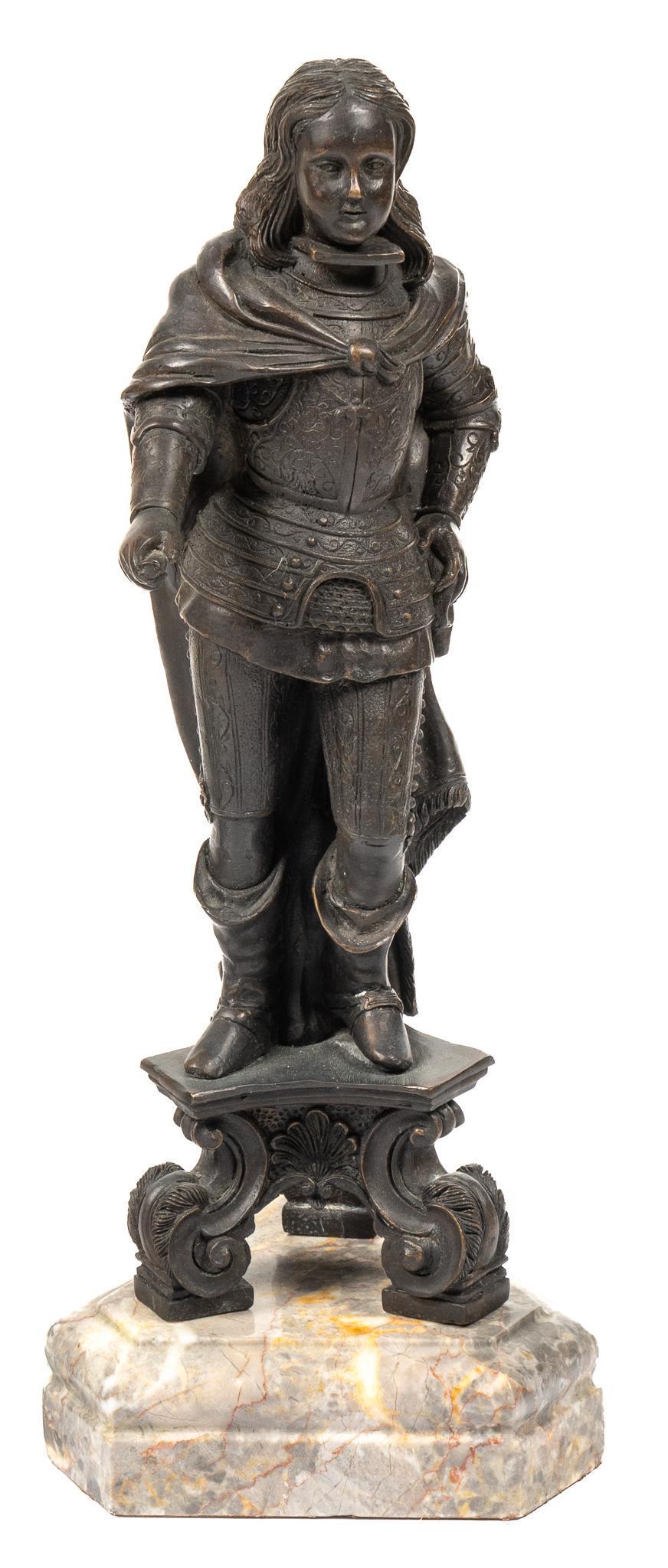 Joan of Arc Bronze: Joan of Arc bronze on marble base height 19 in. x width 7 in. x depth 7 in. Provenance: The Estate of Ed Varela, McAllen, Texas We happily provide seamless shipping services on everything we sell. Ple