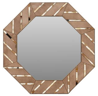 Octagonal Inlaid Wall Mirror: Octagonal wall mirror, with inlaid stripe design, Marcello Mioni sticker on back height 48 in. x width 48 in. x depth 1 in. Provenance: The Estate of Mrs. Burton Grossman, Alamo Heights, Texas We h