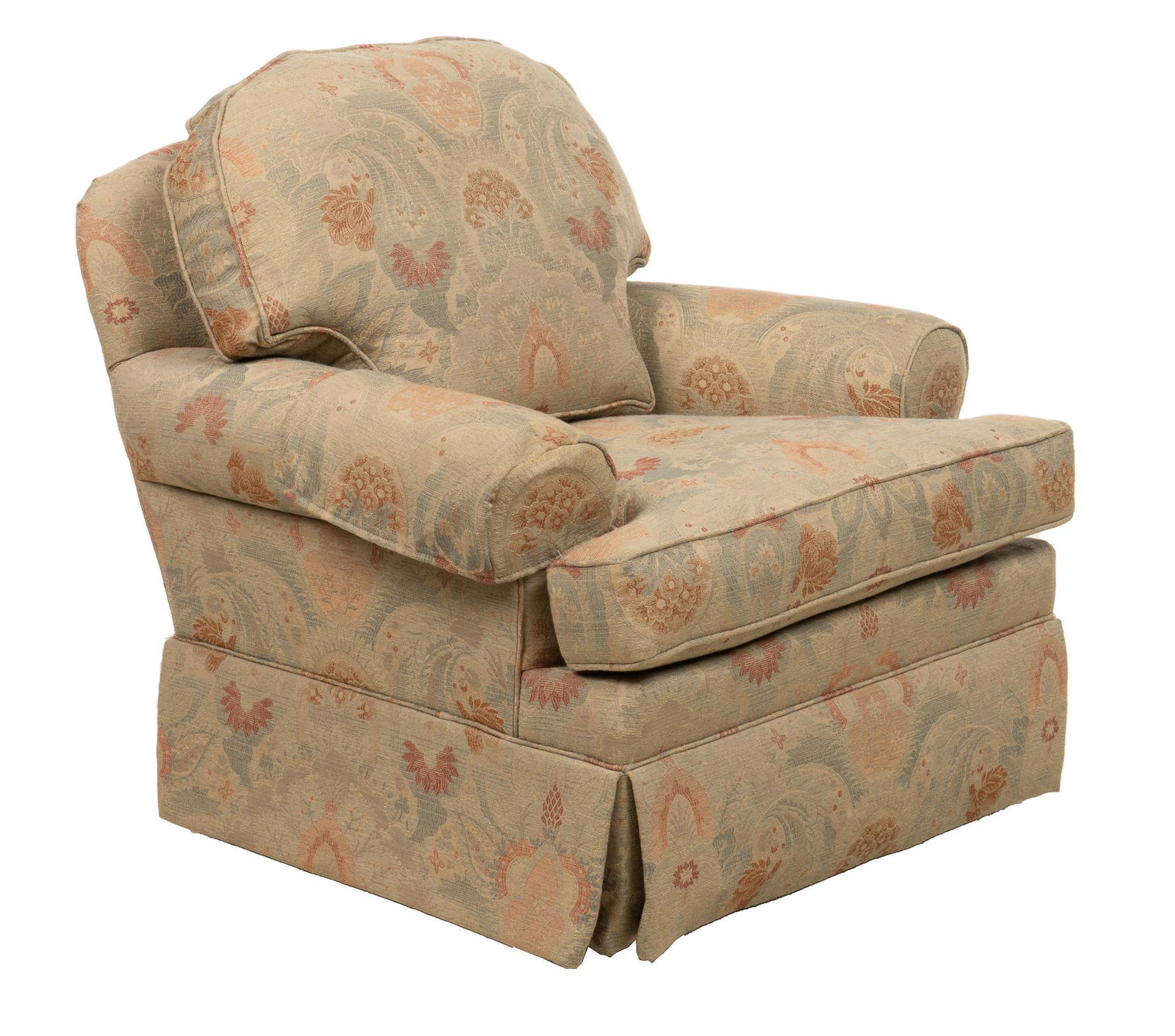 Upholstered Armchair: Upholstered armchair, with removable plush cushions, with floral upholstery height 37 in. x width 32 in. x depth 32 in. Provenance: Property from a former Army Retirement Community resident, San Anton