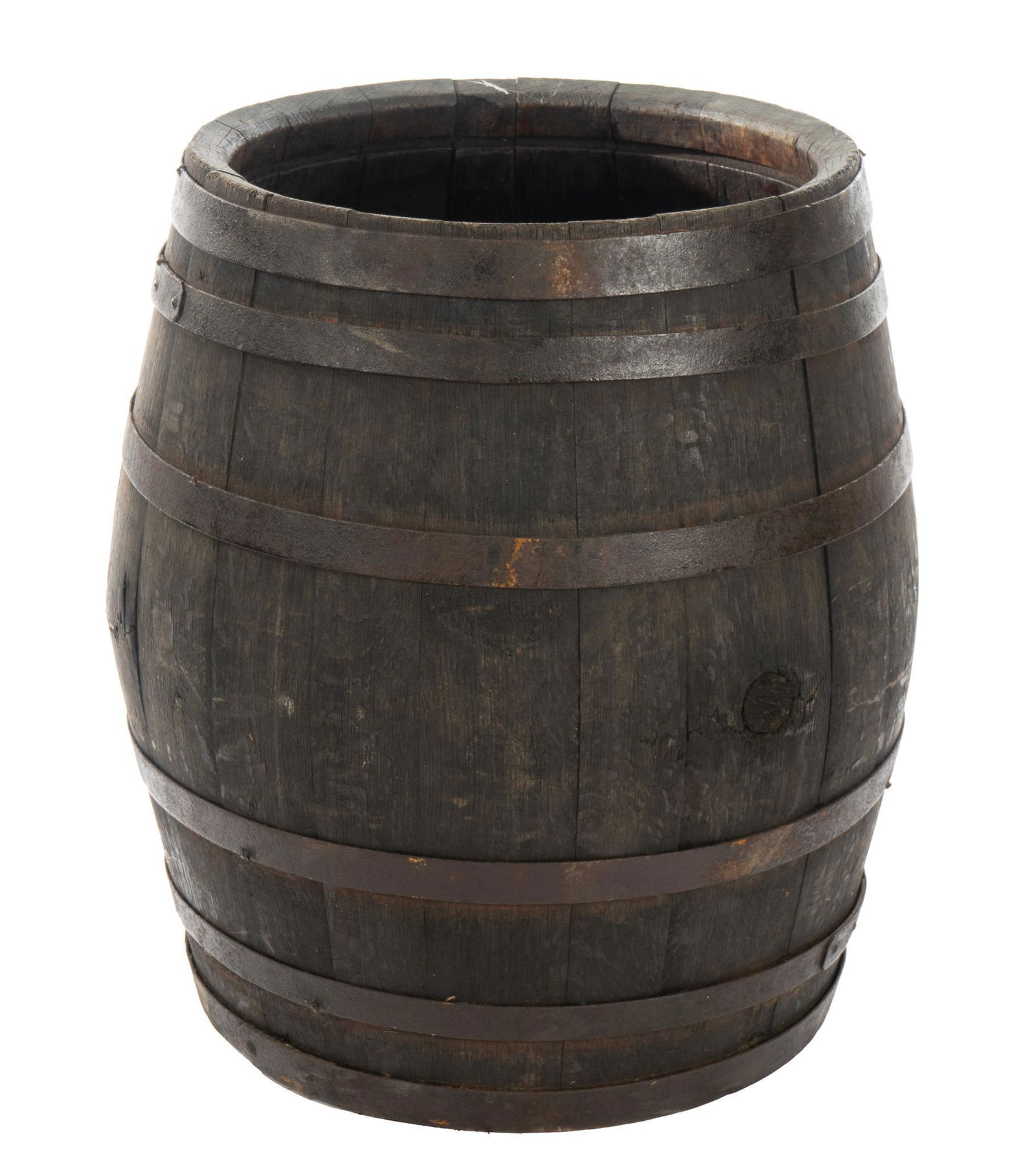 Wood Barrel: Small wood barrel with iron banding height 27 in. x diameter 23 in. We happily provide seamless shipping services on everything we sell. Please email us at shipping@vogtauction.com or call 210-