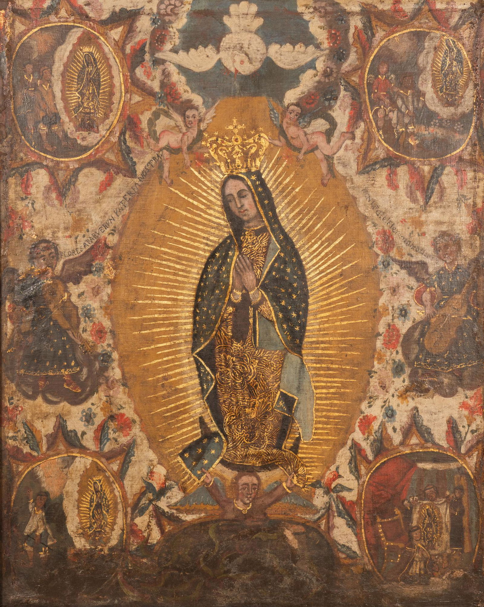 Spanish Colonial School, La Virgen de Guadalupe and the Apparitions of Juan Diego (1 of 3)