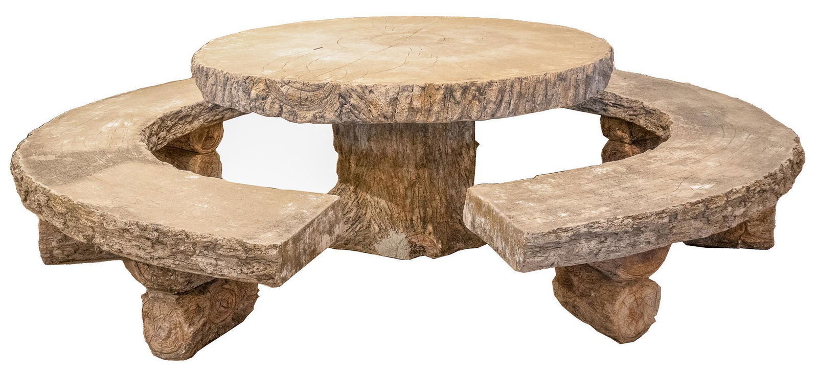 Sam Murray (San Antonio, TX) Faux Bois Outdoor Table and Benches: Sam Murray (San Antonio / Lake Medina, Texas, 1908-2005) faux bois outdoor dining set, to include table with large round top, featuring incised tree ring decoration, two matching benches with curved s