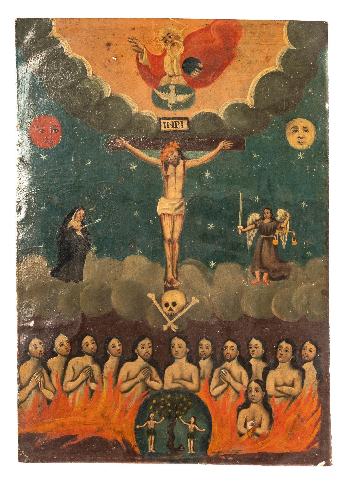 19th C. Mexican Retablo, La Alegoria de la Redencion (1 of 2)