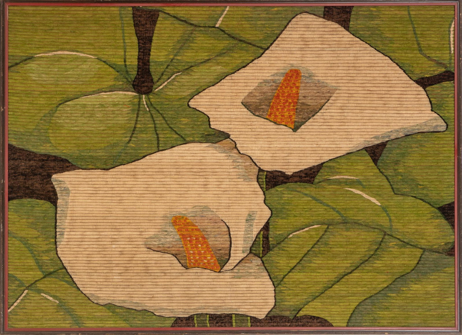Large Calla Lily Textile Art: Large calla lily textile art, wool sight: 78.5 x 57 in., frame: 82.5 x 60.5 x depth 3 in. Provenance: An Alamo Heights, Texas collection We happily provide seamless shipping services on everything we 