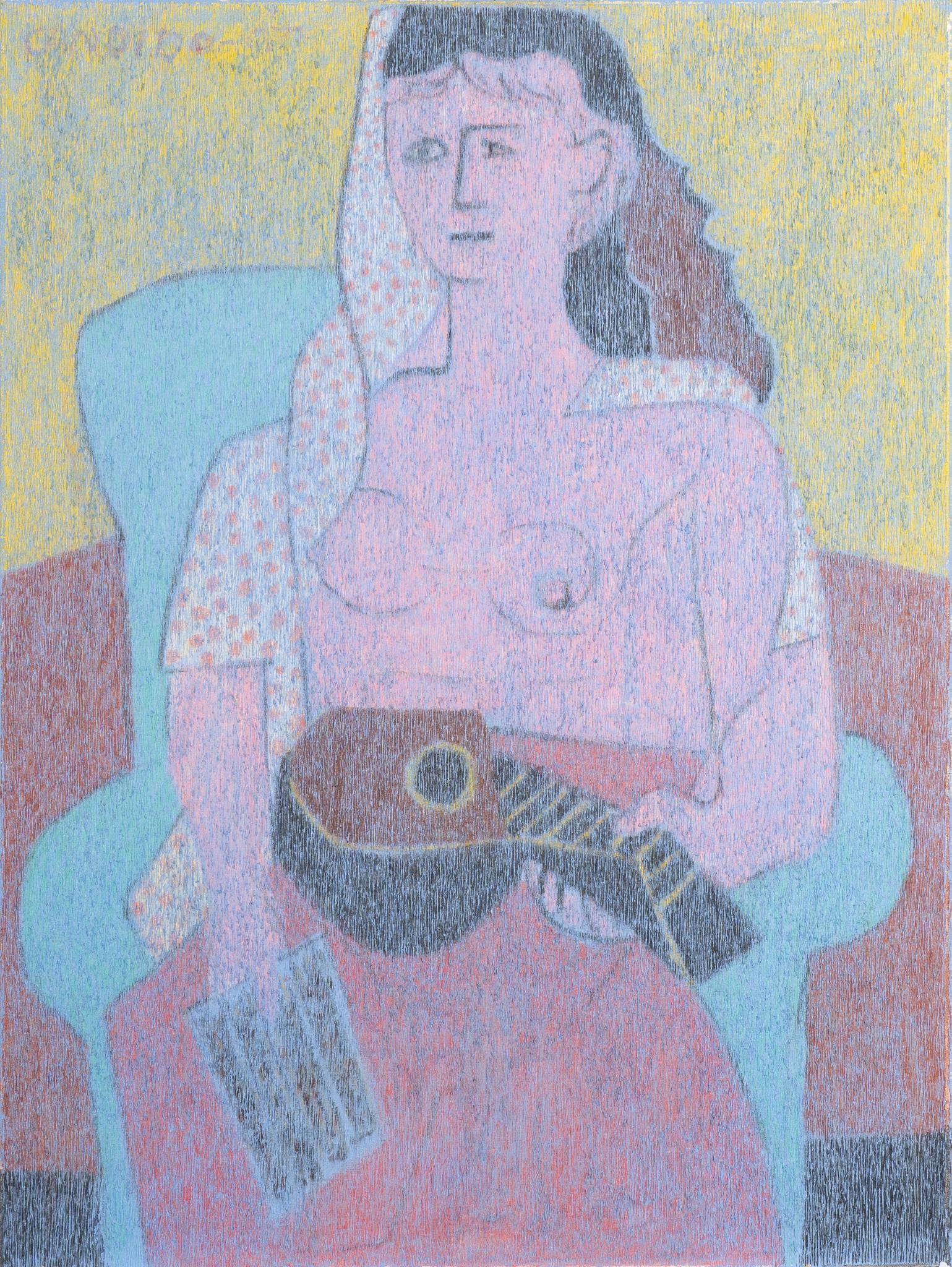 Candido Veras, Modernist Portrait: Candido Veras (San Antonio, Texas, 1952-2009), modernist portrait of a nude woman with mandolin, oil on canvas, unframed size: 40 x 30 in. Provenance: A San Antonio, Texas collection We happily provid