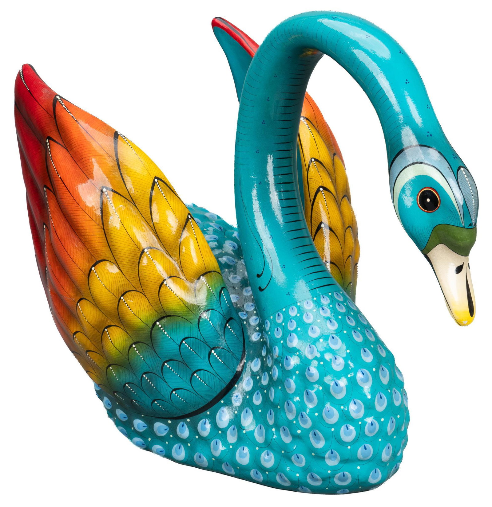 Sermel (Tonala, Jalisco) Papier-Mache Swan: Sermel (Tonala, Jalisco) papier-mache swan sculpture, featuring bright polychrome paint, marked on base height 16 in. x width 23 in. x depth 13 in. Provenance: A Spring Branch, Texas collection We hap