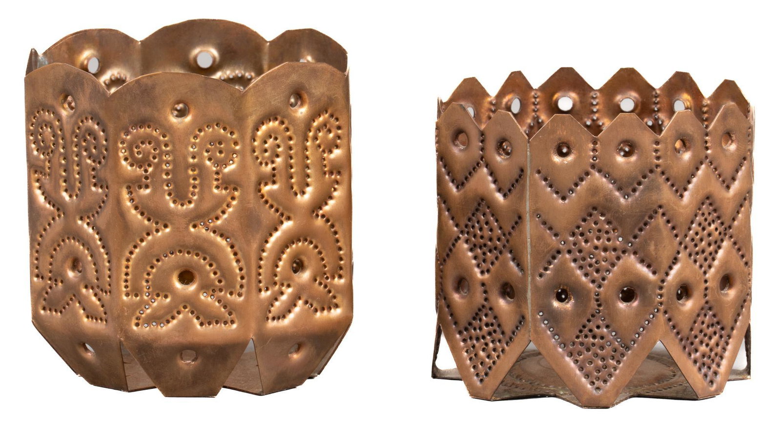 Pair of Punched Copper Luminaries by Isaac Maxwell Metals (San Antonio, Texas): Pair of punched copper luminaries, by Isaac Maxwell Studios (San Antonio, Texas), with scalloped rims, over punched sides, with repeating geometric motif, marked on inside height 3 in. x diameter 3 in