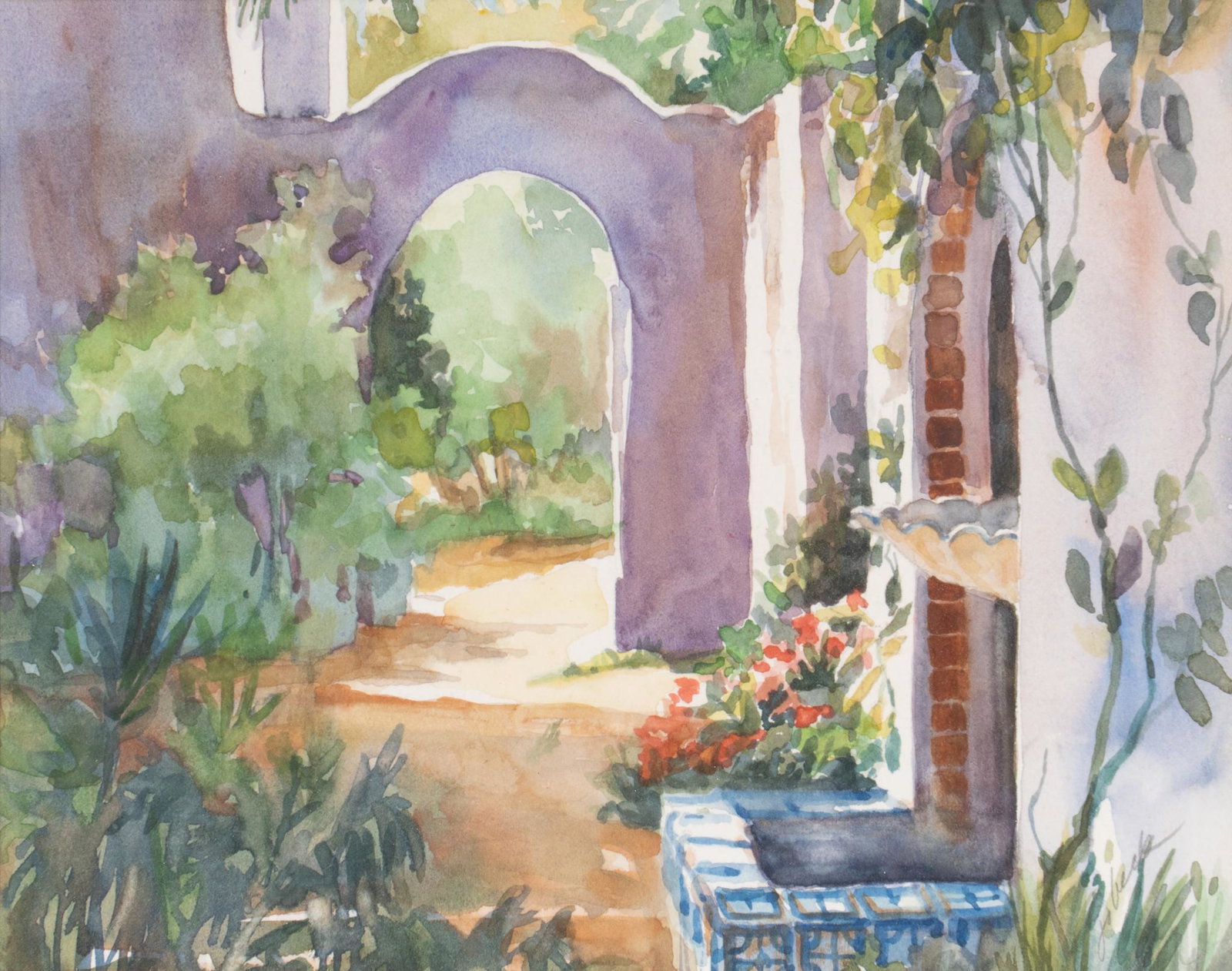 Mexican Archway, Watercolor: Mexican stucco archway with tiled fountain, not signed, watercolor sight: 7.5 x 9.5 in., frame: 12.5 x 15.5 in. Provenance: A Kerrville, Texas collection We happily provide seamless shipping services 