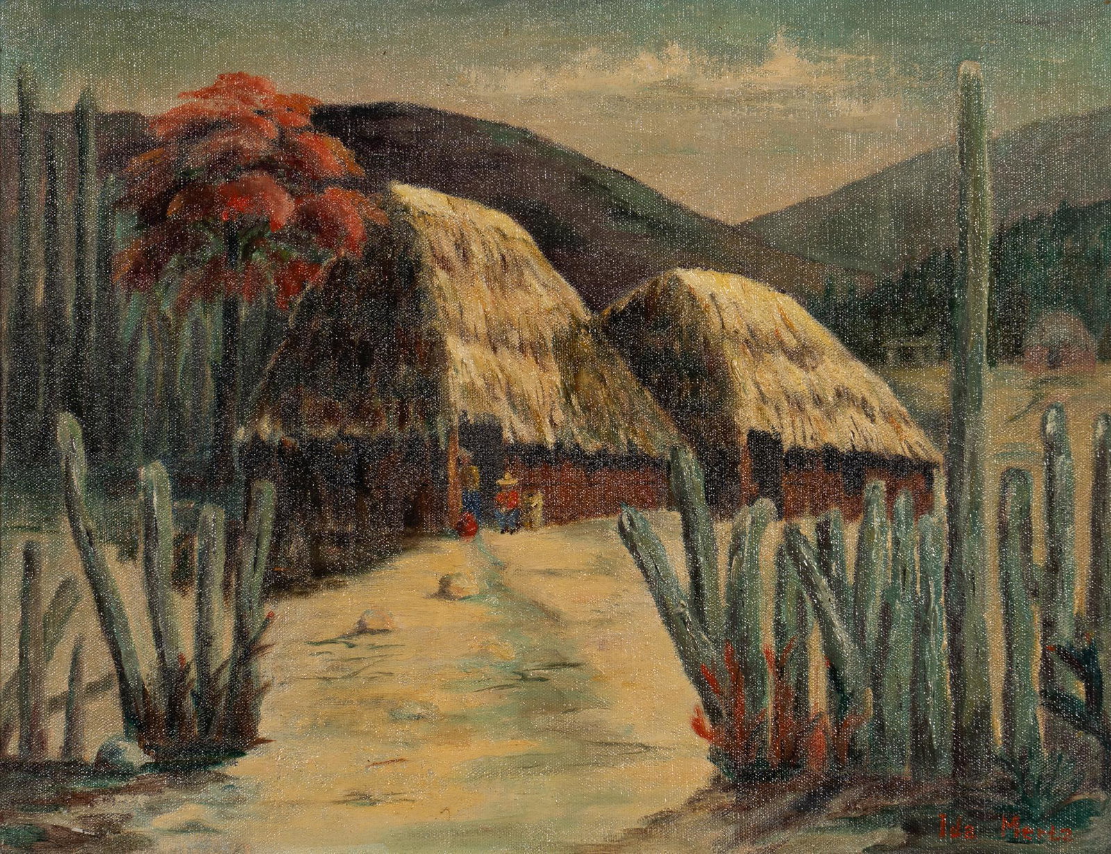 Ida Mertz, "Organ Cactus": Ida Mertz (20th C.), "Organ Cactus", depicting organ pipe cactus native to Arizona and Baja California, oil on board sight: 13 x 17 in., frame: 20 x 23.5 in. Provenance: A San Antonio, Texas c