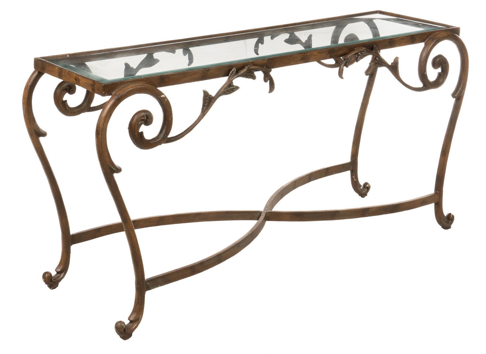 Glass Top Console Table: Glass top console table, with inset glass panel, supported on scrolled legs, with foliate motifs, connected with X-shaped stretcher height 29 in. x width 58 in. x depth 18.5 in. Provenance: A Spring B