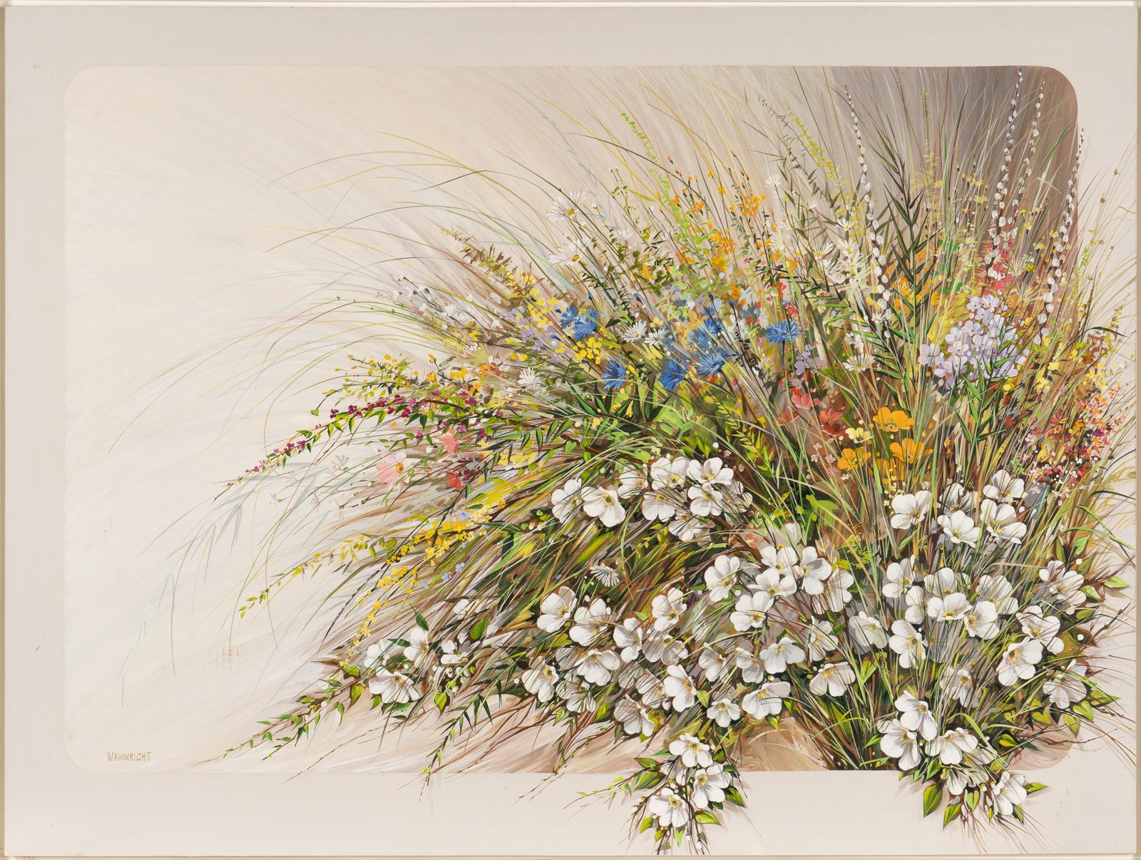 Leslie Wainwright, "Flowers with Mock Orange", 1979: Leslie Wainwright, (20th. C. Massachusetts & California) "Flowers with Mock Orange", 1979, oil on canvas sight: 16 x 20 in., frame: 23 x 28 in. Provenance: An Alamo Heights, Texas collection We ha