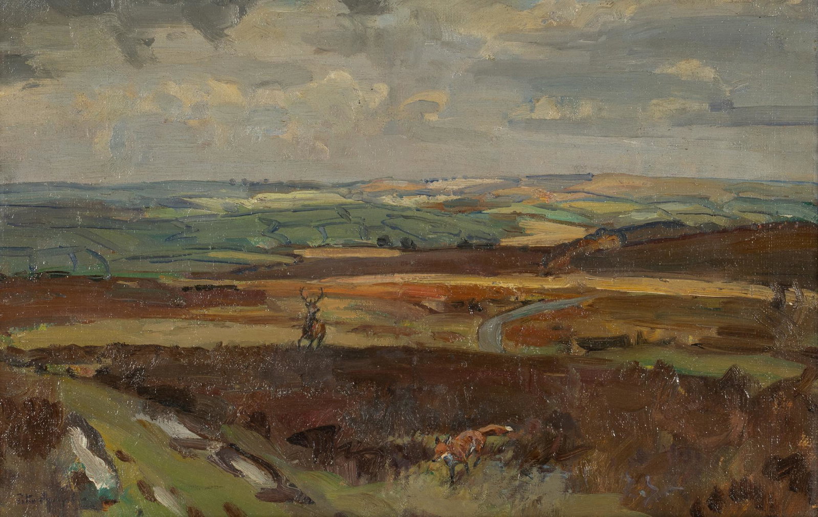 Beasts of the Chase--Exmoor from Comers Gate to Spire Cross: "Beasts of the Chase--Exmoor from Comers Gate to Spire Cross", oil on canvas board, signature illegible sight: 11 x 17.5 in., frame: 15.5 x 22 in. Provenance: The Estate of Mrs. Burton Grossman, San A