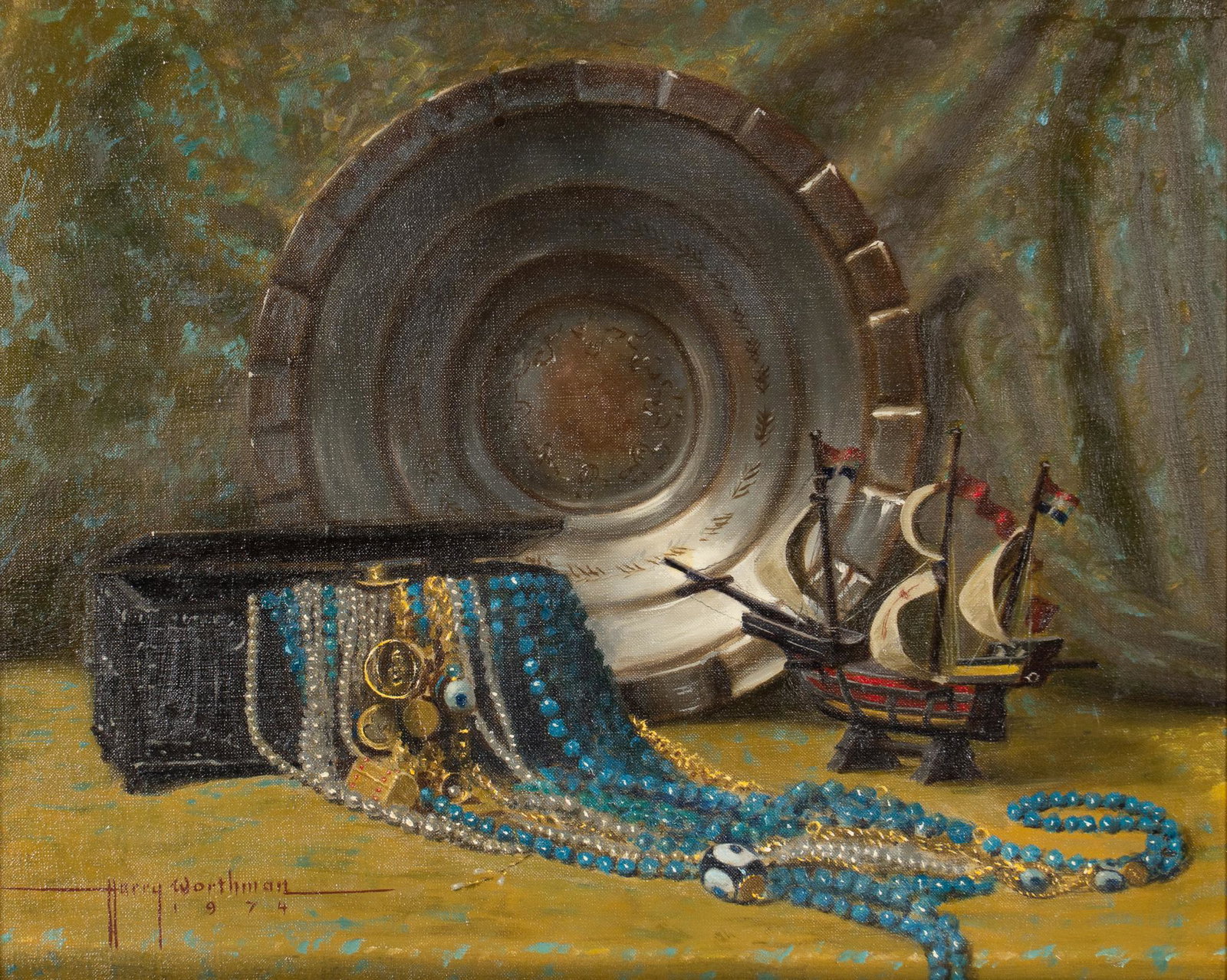 Harry Worthman, "Treasures from Afar": Harry Worthman (1909-1989, Texas), "Treasures from Afar", oil on canvas sight: 16 x 20 in., frame: 19.5 x 23.5 in. Provenance: A Dallas, Texas collection We happily provide seamless shipping services 