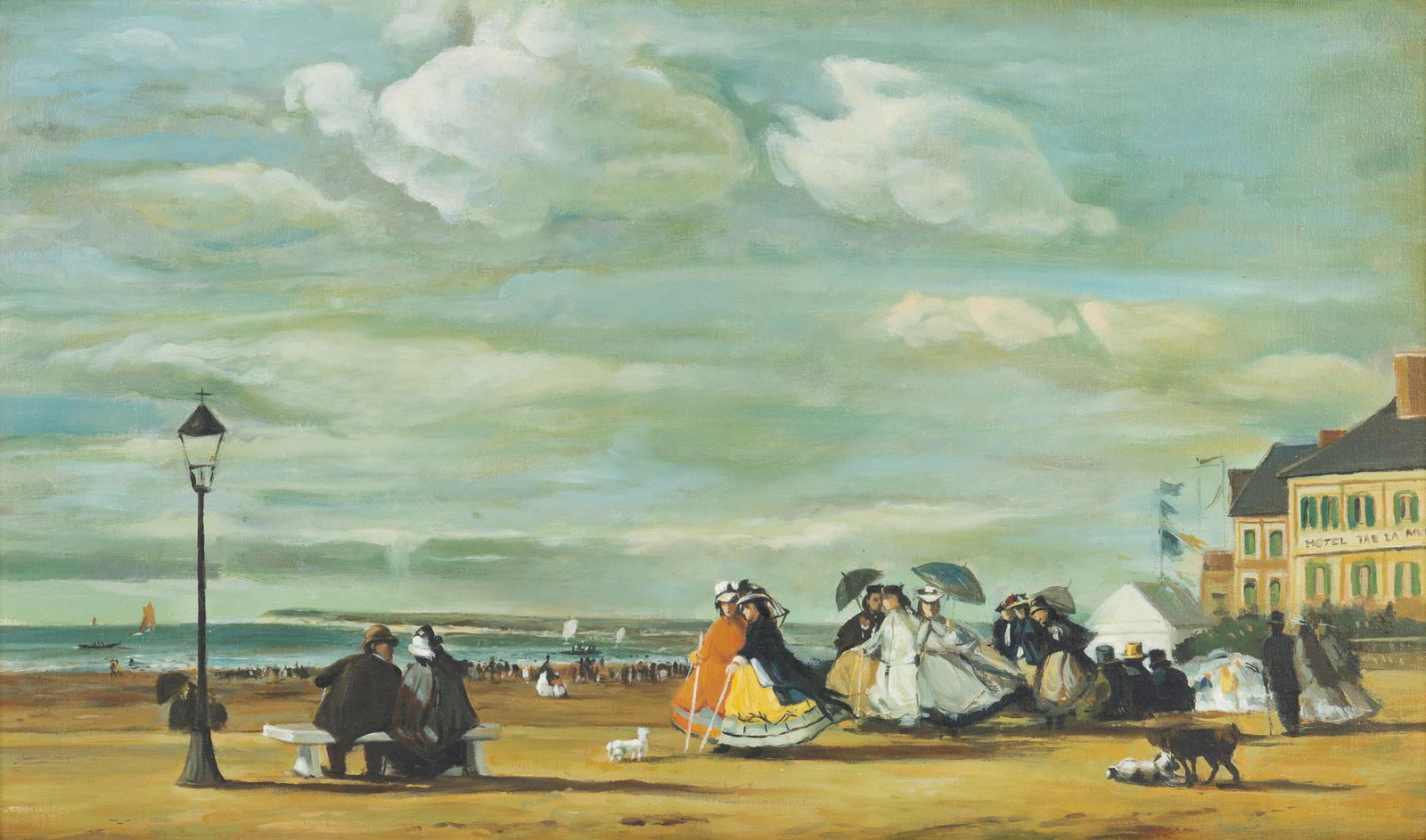 After Eugene Boudin, "The Empress Eugenie at Trouville": After Eugene Boudin (1824-1898, France), "The Empress Eugenie at Trouville", oil on canvas, 20th/21st C. painted reproduction of the original 1863 painting sight: 13 x 21.5 in., frame: 18 x 27 in. Pro