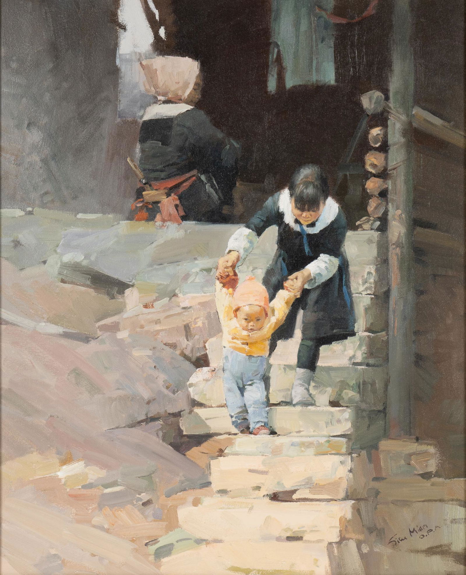 Mian Situ, Children on Steps: Mian Situ (b. 1953, California / China), children on steps with grandmother looking on, oil on canvas sight: 22 x 18 in., frame: 29.5 x 25.5 in. Provenance: Property from a long-time Alamo Heights, Te