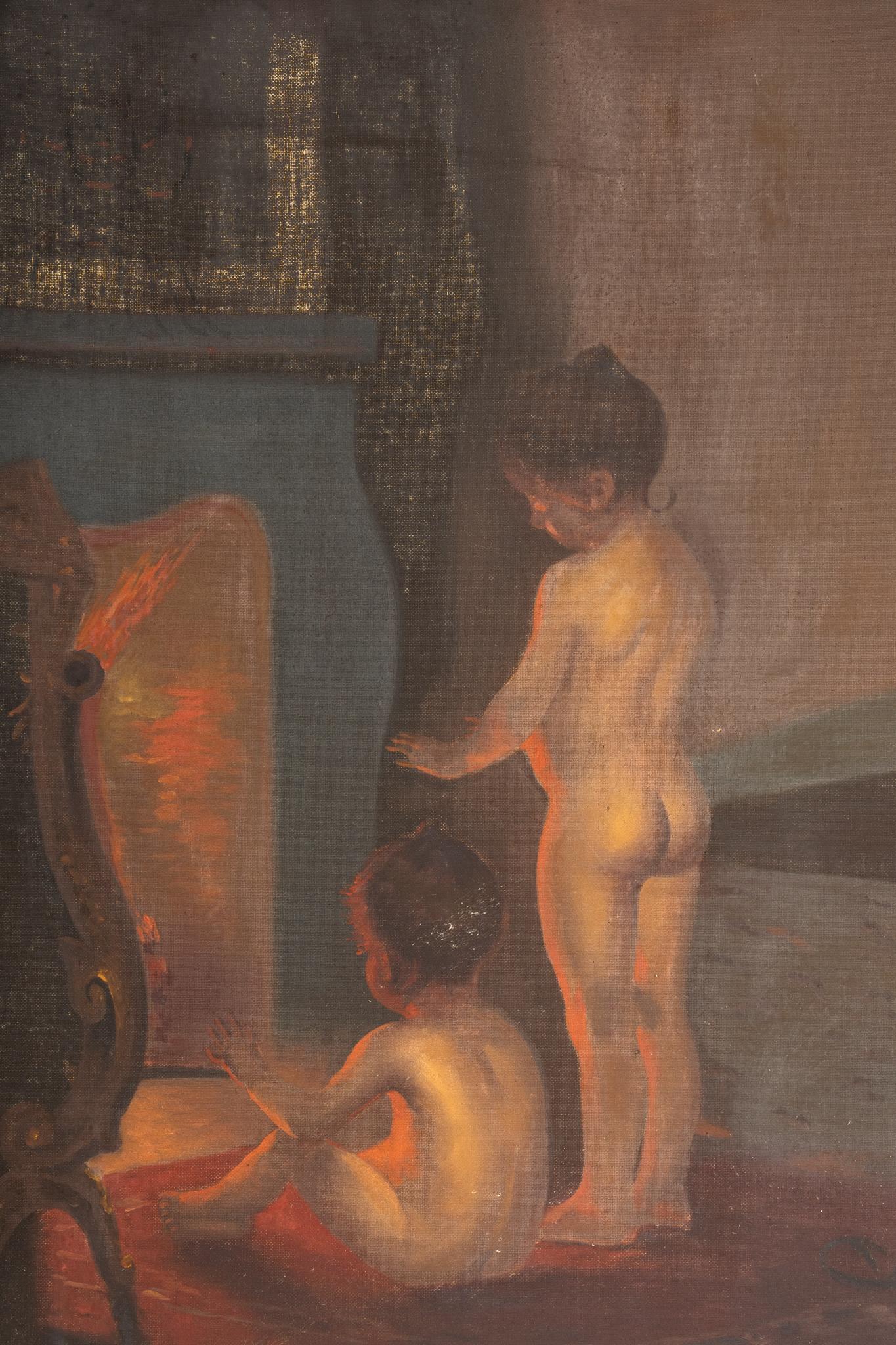 Belgian School, Children by the Fire: Belgian School, children warming by the fire, oil on canvas sight: 27 x 19 in., frame: 36 x 28.5 in. Provenance: A Denton, Texas collection We happily provide seamless shipping services on everything 