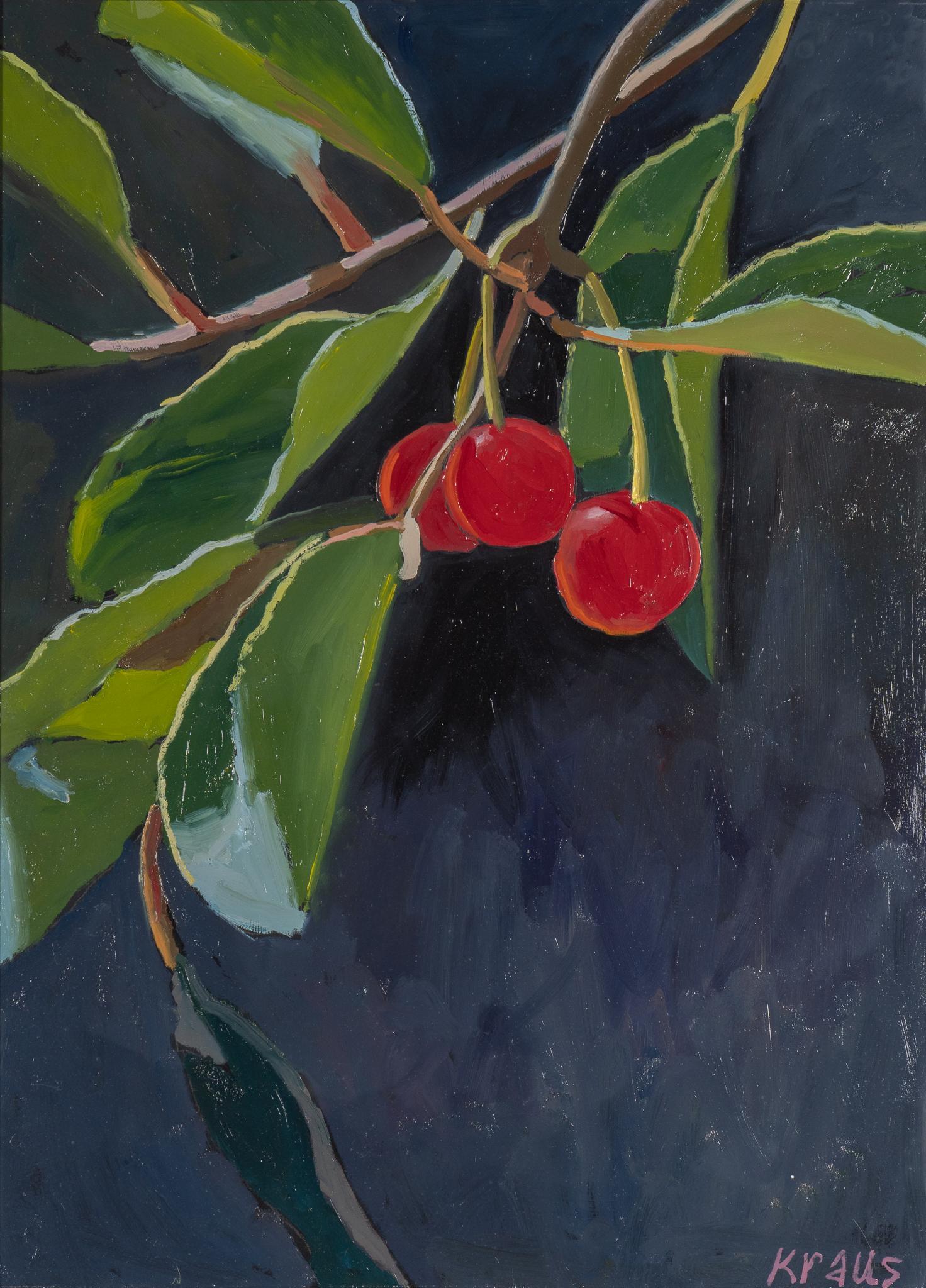 Signed Kraus, Cherries: Signed Kraus, cherries hanging from branch, oil on paper sight: 36 x 25.5 in., frame: 47 x 37 in. Provenance: A Dallas, Texas collection We happily provide seamless shipping services on everything we 