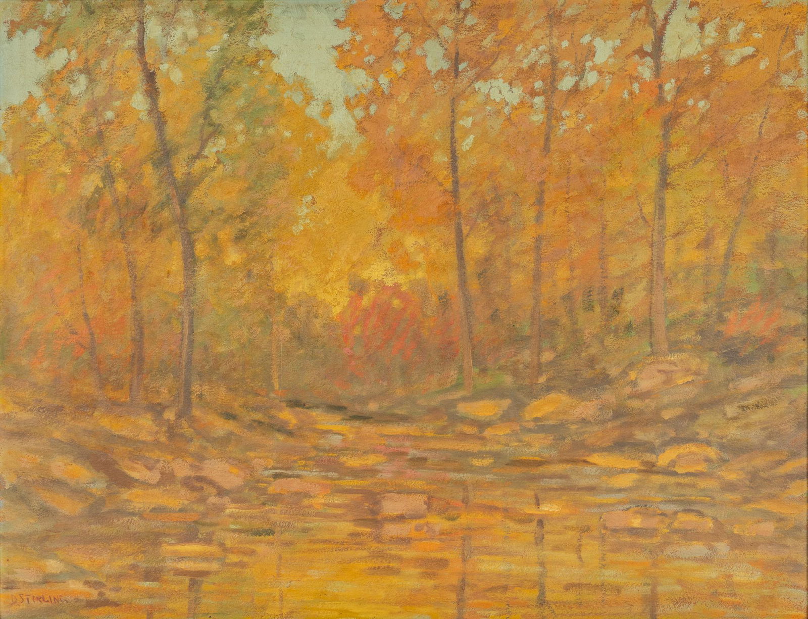 David Stirling, "The Pool": David Stirling (1877-1971, Colorado), "The Pool", oil on board sight: 20 x 26 in., frame: 24.5 x 30.5 in. Provenance: A Hollywood Park, Texas collection We happily provide seamless shipping services o