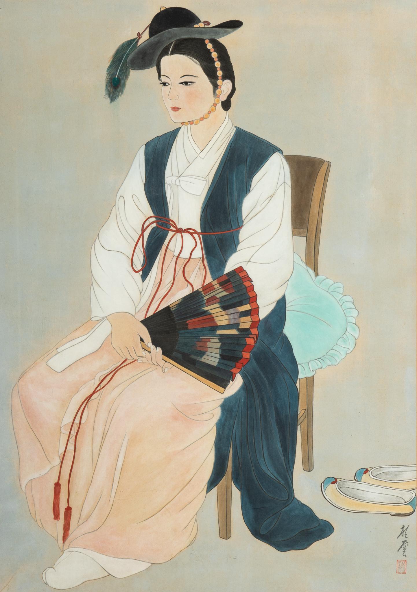 "Korean Fortuneteller", 1987: "Korean Fortuneteller", 1987, watercolor sight: 31 x 22 in., frame: 36.5 x 27.5 in. â€‹â€‹â€‹â€‹â€‹â€‹â€‹Provenance: A San Antonio, Texas collection We happily provi