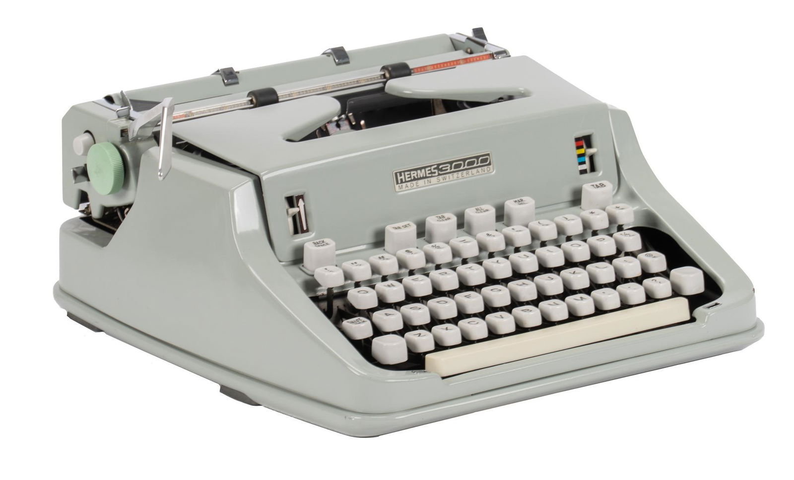 Hermes 3000 Typewriter: Hermes 3000 typewriter, green exterior, made in Switzerland by Paillard S.A., with ribbon, serial number "3547201", with case, circa 1960s, used by Larry McMurtry in his Archer City, Texas hom