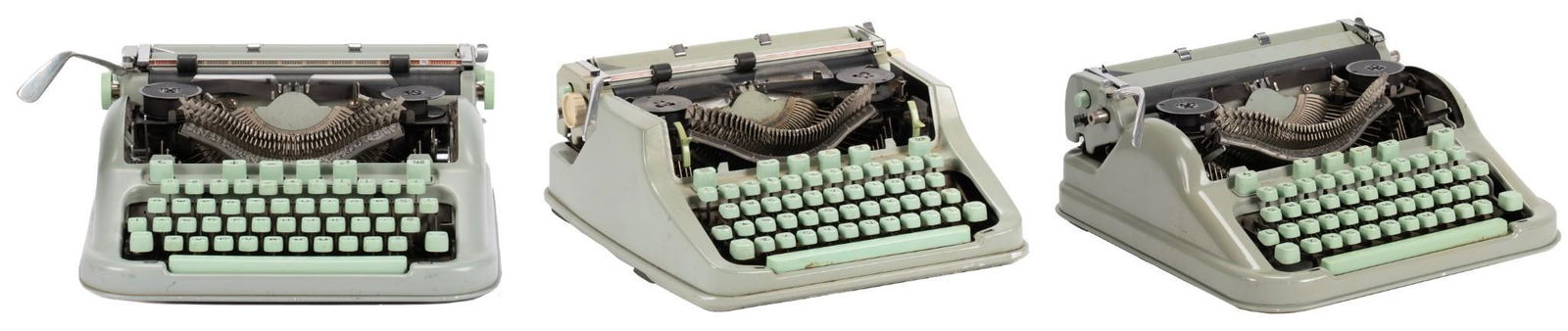 (3) Hermes 3000 Typewriters: Group of 3 Hermes 3000 typewriters, green exterior, made in Switzerland by Paillard S.A., includes ribbon, serial numbers "3422027", "3070055", "3260735", each with case and manual, circa 1960s, used