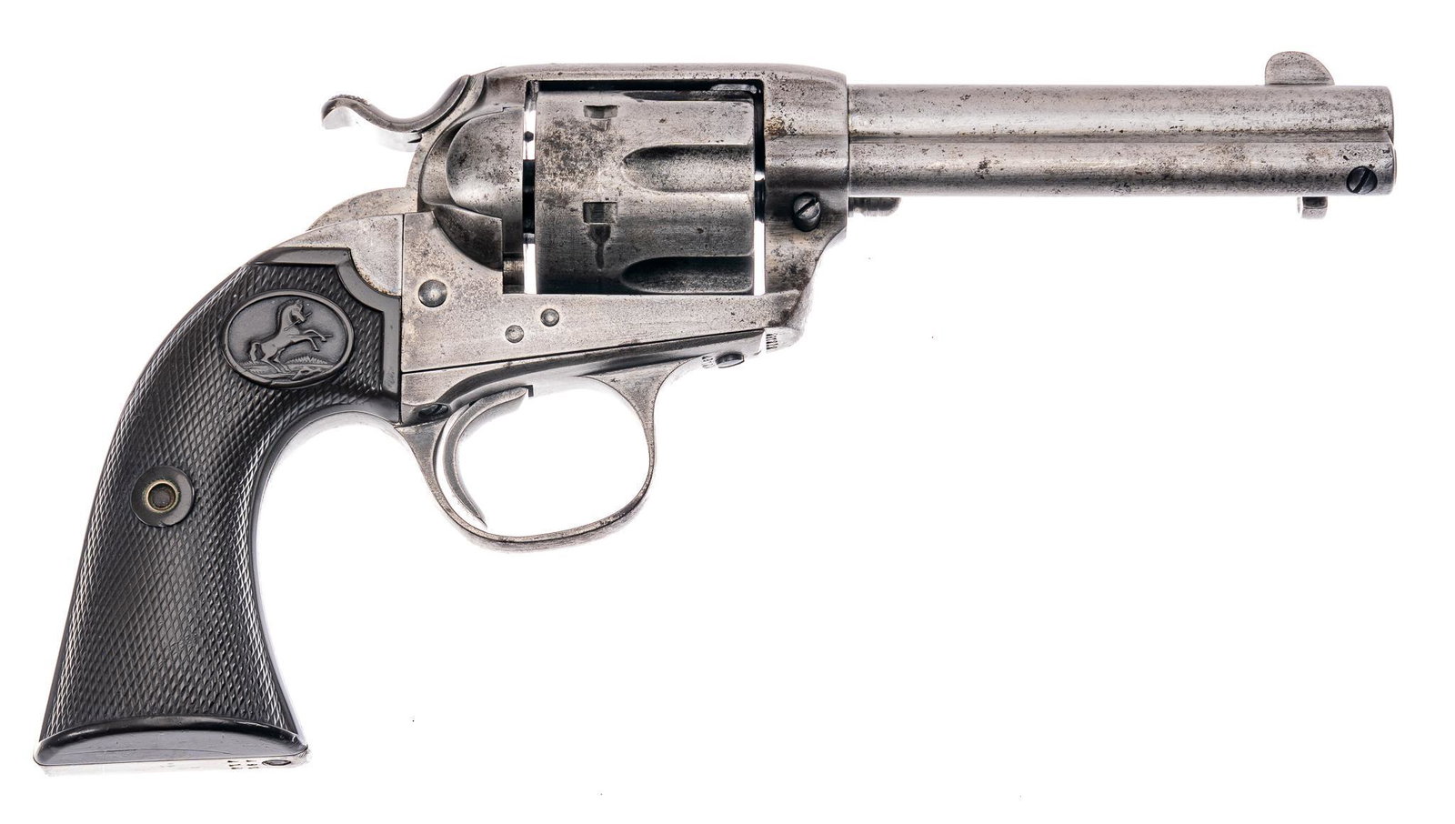 Colt Bisley SAA .45LC Revolver: Serial: 297212 Manufacturer: Colt's PT. F.A. MFG. CO. (c. 1907) Model: Bisley Model SAA Caliber: .45LC Barrel length: 4.75 in. OAL: 9.75 in. Condition: Good-Very Good; hard rubber grips have good 