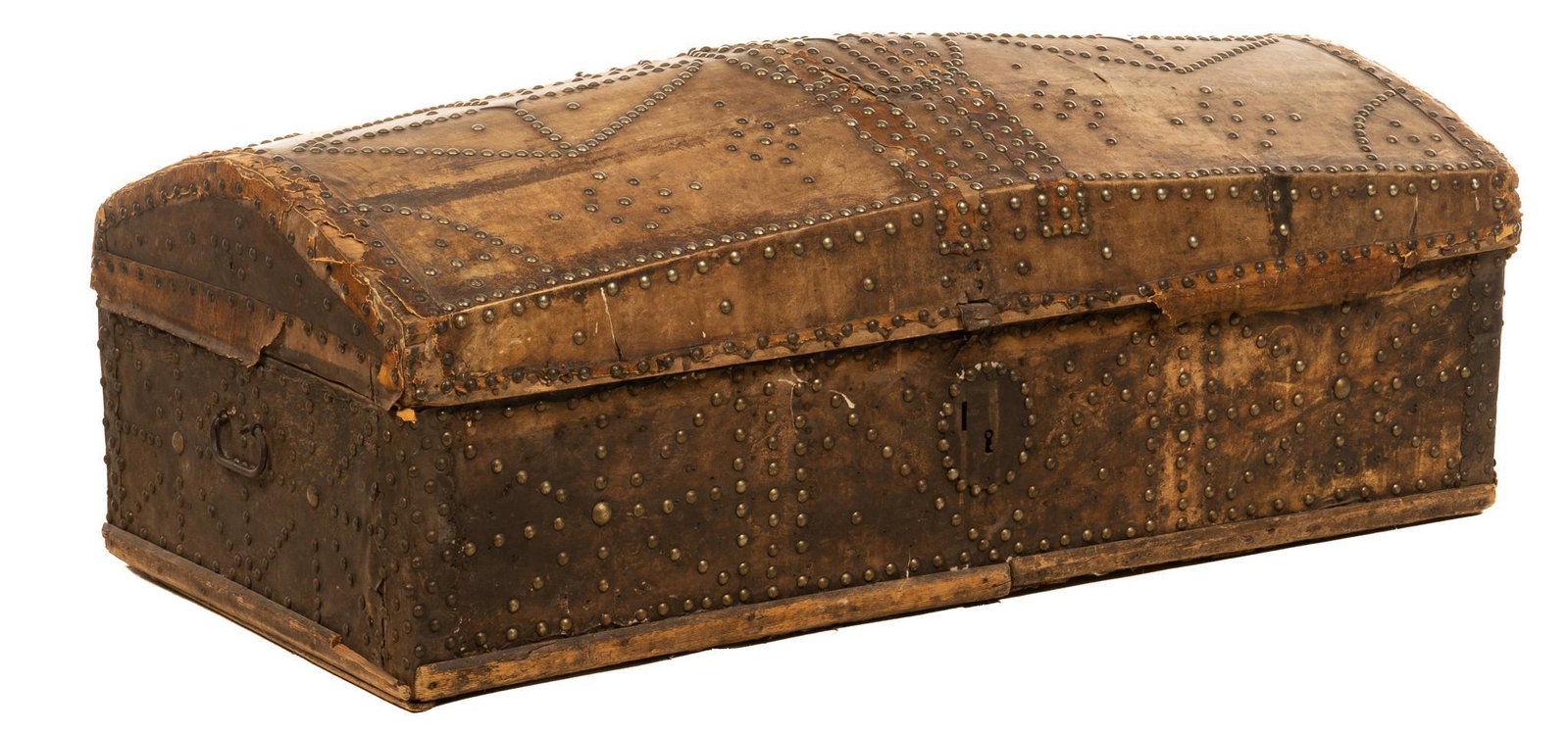 Metal Studded Wood Trunk: Wood trunk, featuring metal stud arranged in geometric designs throughout, applied leather strips, two metal side handles, arched lid opens to interior; includes Certificate of Authenticity: Estate of