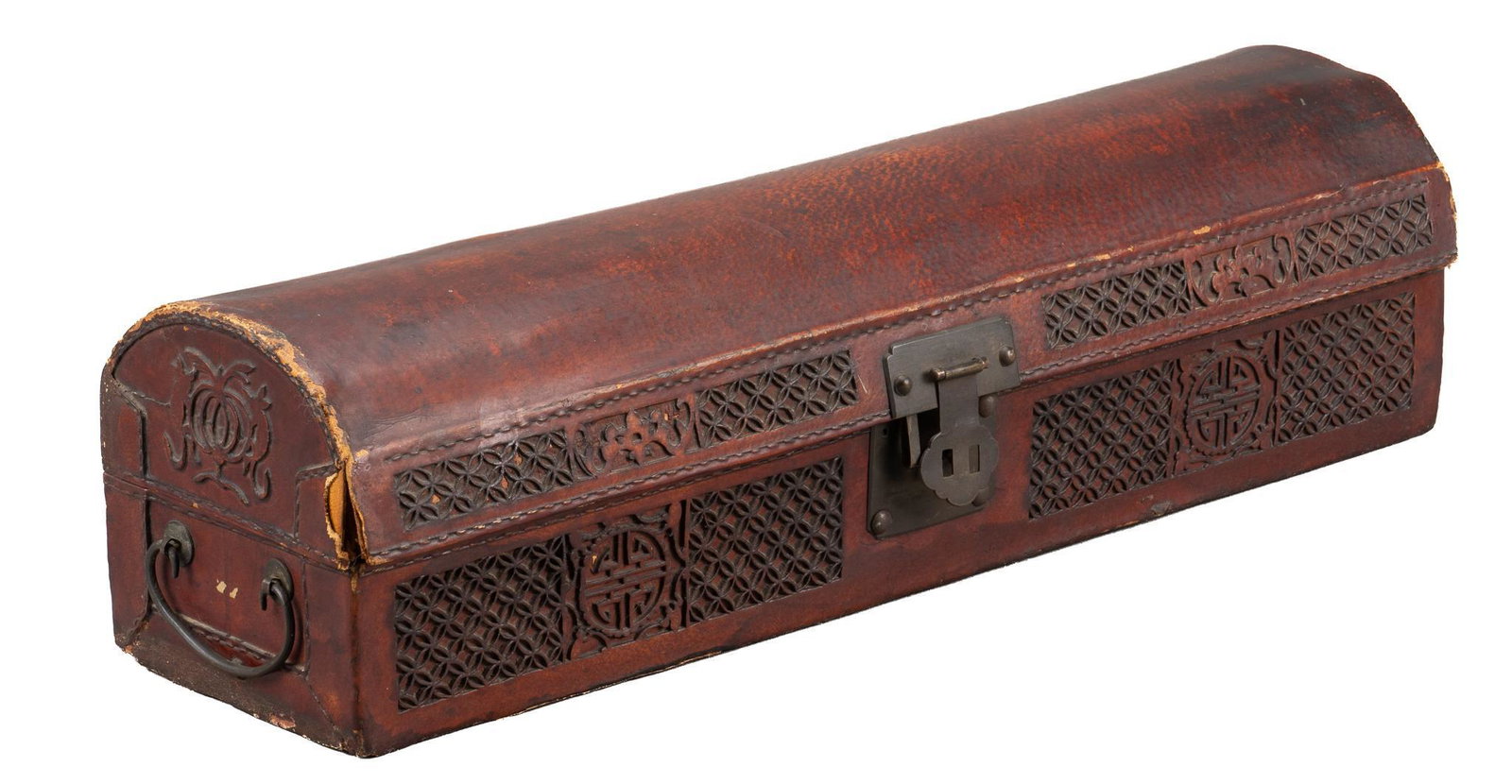Chinese Leather Domed Chest: Chinese chest, with domed top, featuring red leather overlay with tooled classical motifs, iron handled sides, no lock mechanism; includes Certificate of Authenticity: Estate of author Larry McMurtry,