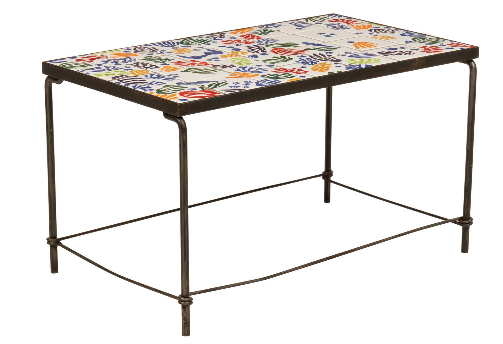 "A La Matisse" Tile Top Coffee Table: Iron frame coffee table with inlaid tile top, tiles with white background and multi-colored abstract shapes resembling Matisse's art style, painted on bottom " "A La Matisse" / Elena E