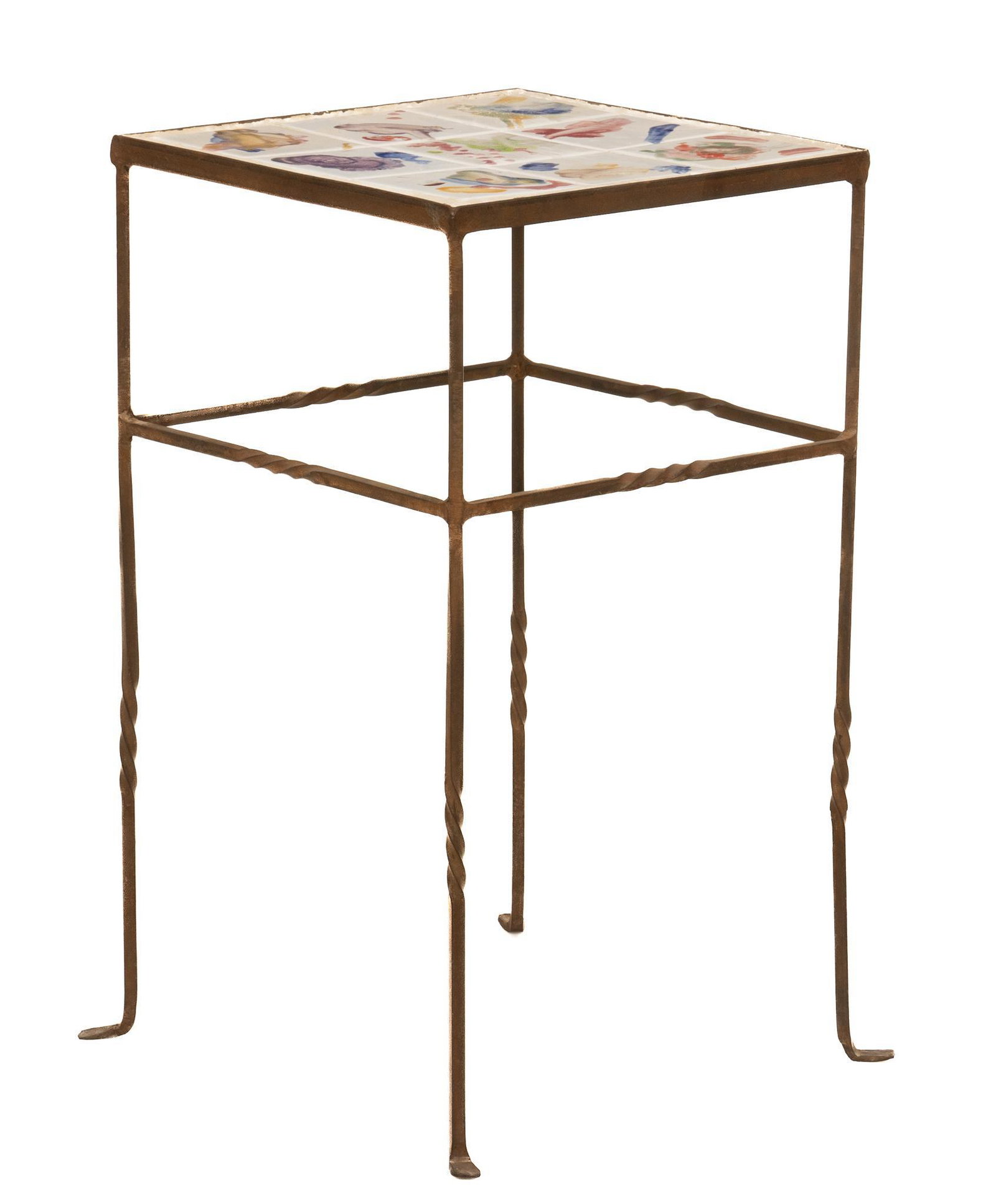 Tile Top End Table: End table with iron frame with single twists throughout, tile top, nine tiles featuring colorful abstract designs; includes Certificate of Authenticity: Estate of author Larry McMurtry, from his Arche