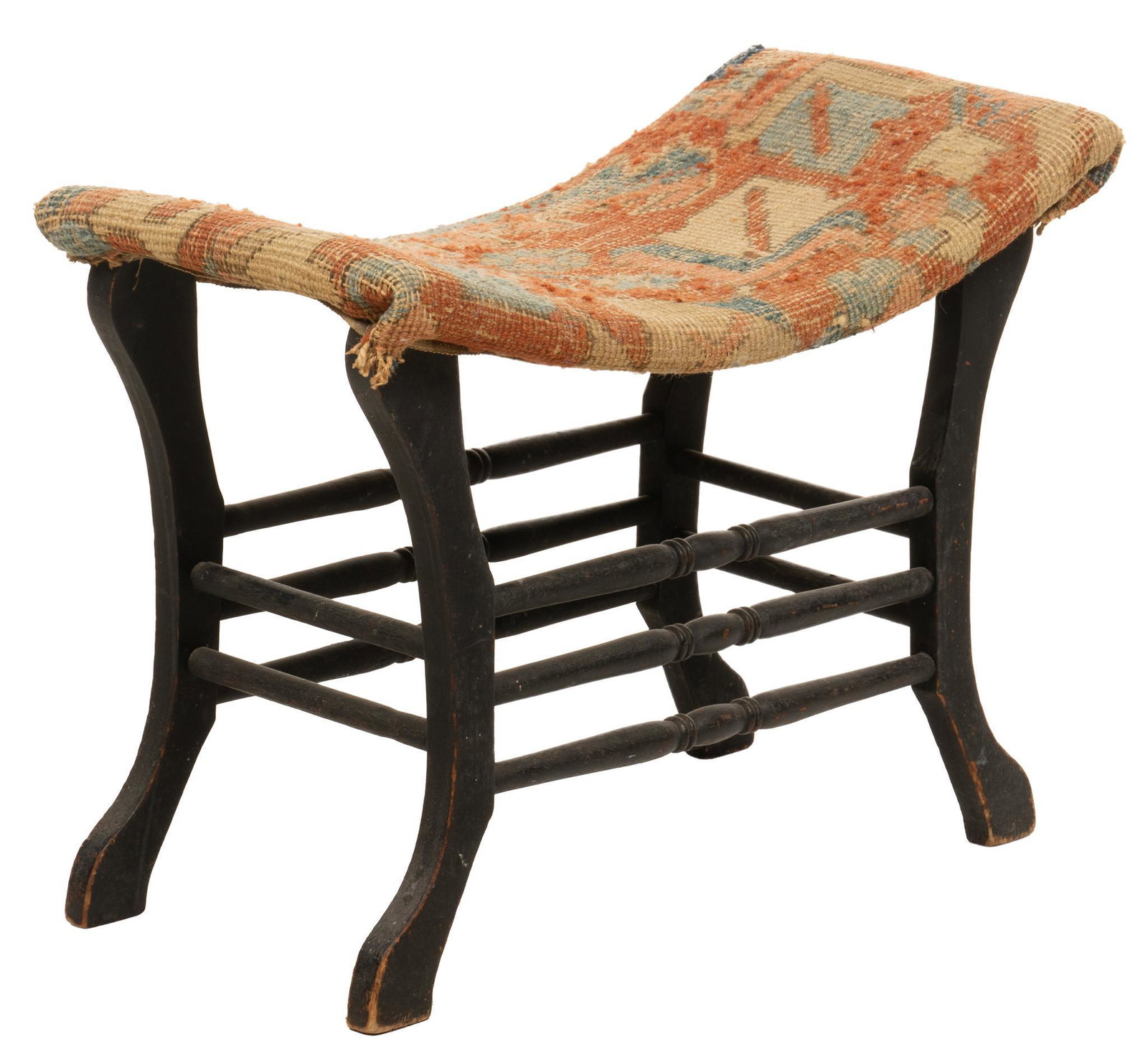 Curved Foot Stool: Foot stool / ottoman, with upward curving upholstered seat, wood base with splayed stretchered legs; includes Certificate of Authenticity: Estate of author Larry McMurtry, from his Archer City, Texas 