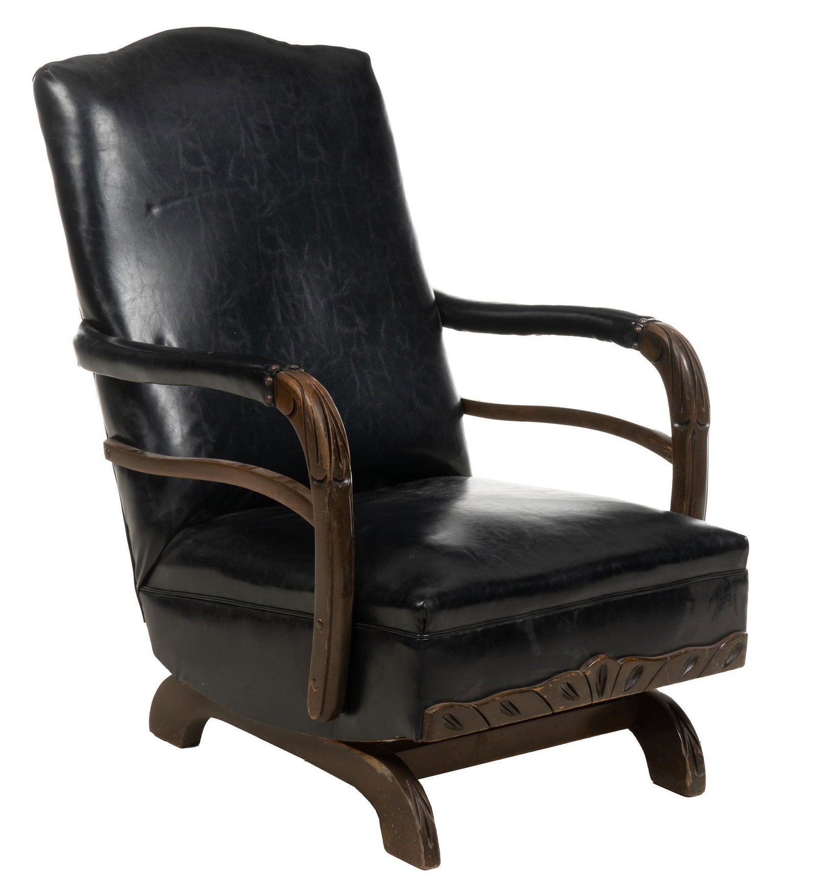 Vintage Olive and Myers (Dallas, TX) Custom Lounge Chair: Vintage Olive and Myers Manufacturing (Dallas, Texas, 1899-1958) custom lounge chair, with camelback crest, black leather upholstery and nail stud trim, supported in wooden frame, featuring carved acc