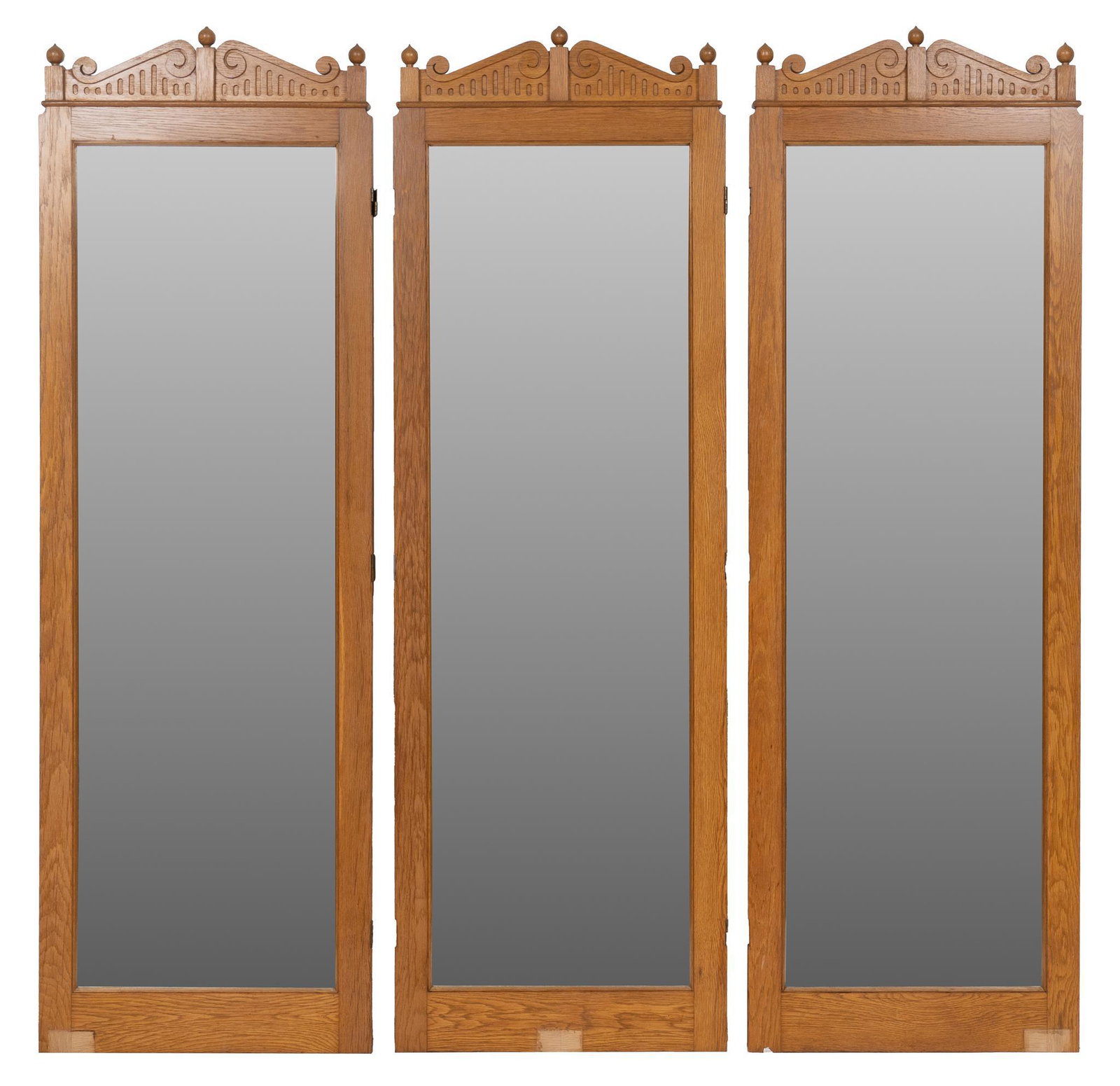 Set of (3) Tall Mirrors: Set of (3) wooden framed tall mirrors, with scrolled crests topped with finials, beveled mirror faces, hinges for attaching together to become a folding screen; includes Certificate of Authenticity: E