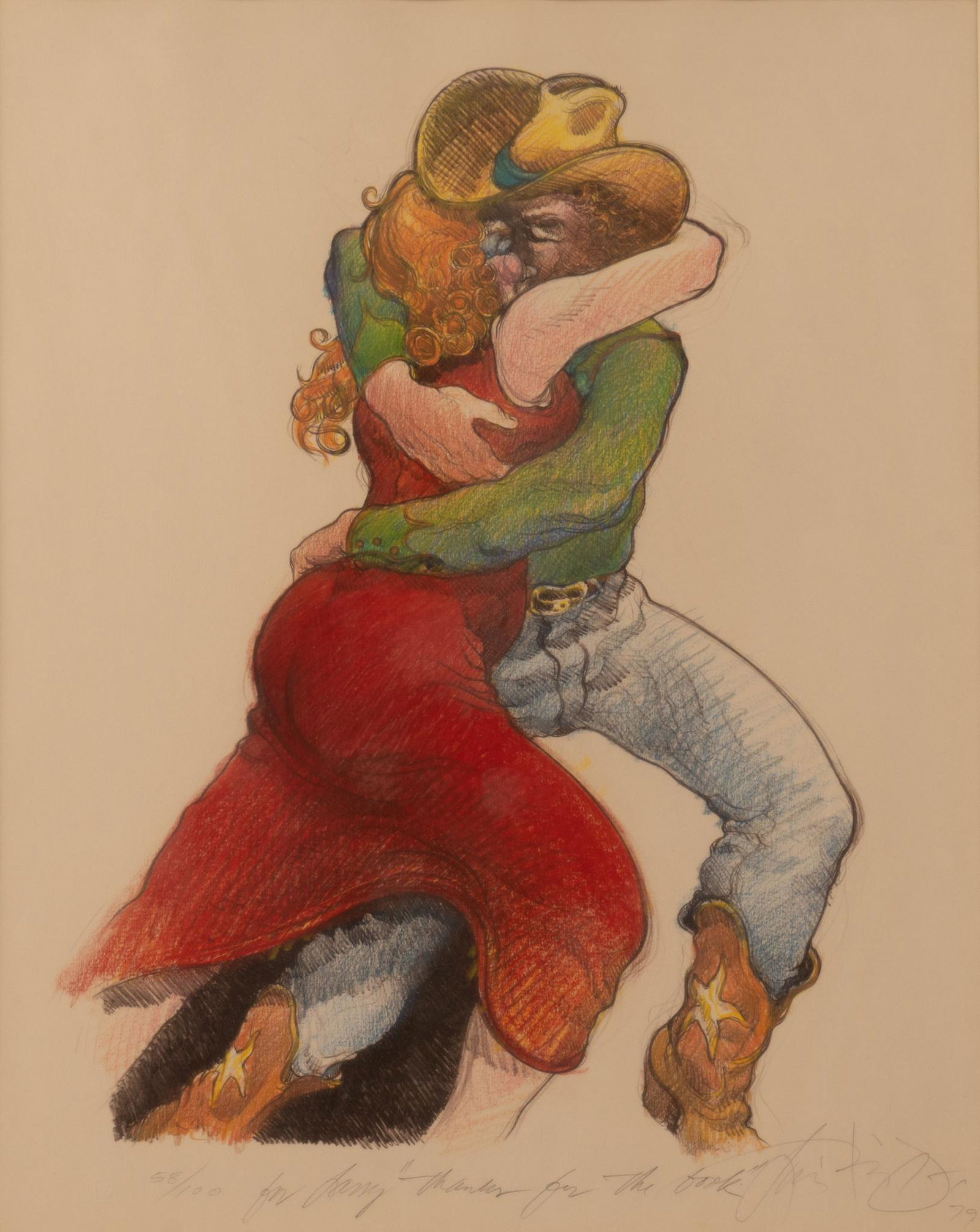 Luis Jimenez, "Texas Dancing", 1979: Luis Jimenez (1940-2006, New Mexico), "Texas Dancing", 1979, signed and numbered lithograph, ed. 58/100, inscription reads, "for Larry 'Thanks for the book'"; includes Certific