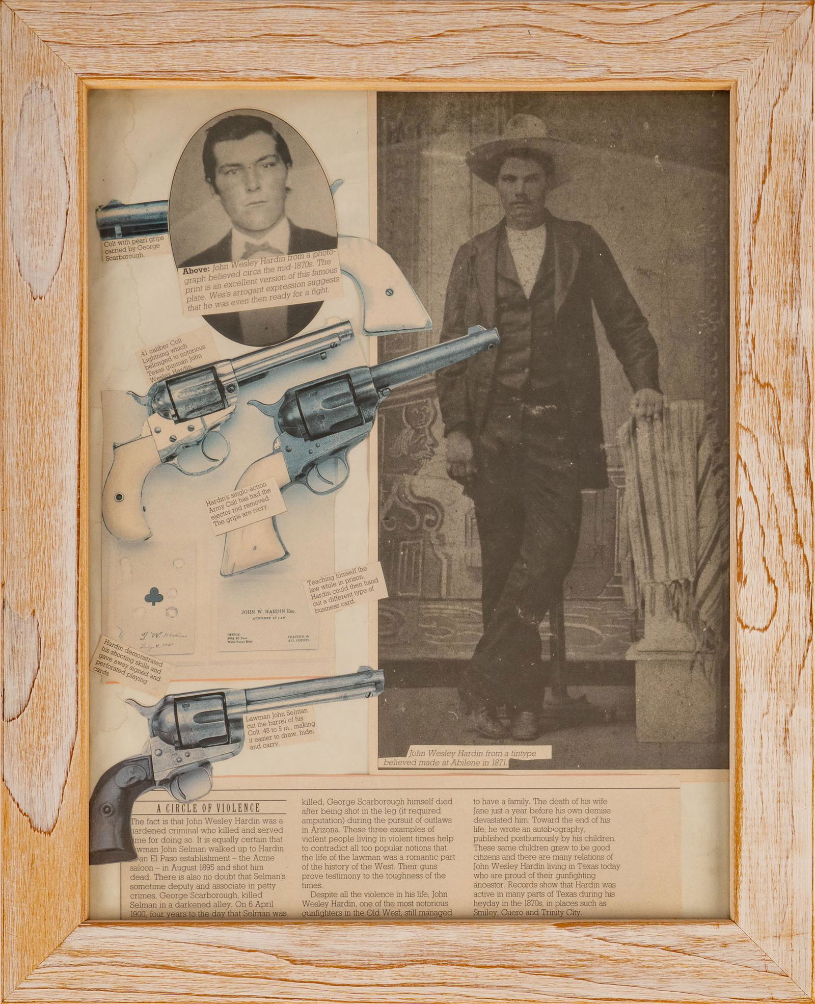Vintage John Wesley Hardin Poster: Vintage John Wesley Hardin poster, detailing his life and death, as well as the lives of two associated lawmen, framed; includes Certificate of Authenticity: Estate of author Larry McMurtry, from his