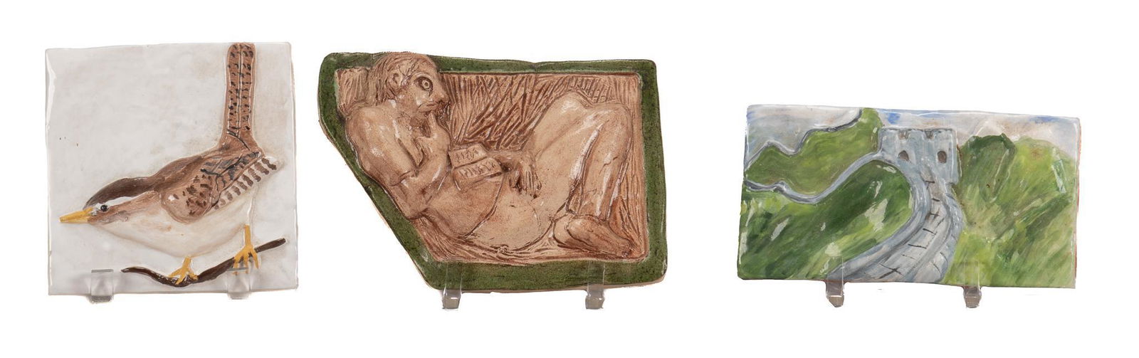 (3) Custom-Made Tiles by Four Corners Tiles (Austin, TX): Three custom-made tiles, glazed ceramic, featuring 3D relief designs depicting a wren, a reading figure, and the Great Wall of China, all stamped on back; includes Certificate of Authenticity: Estate