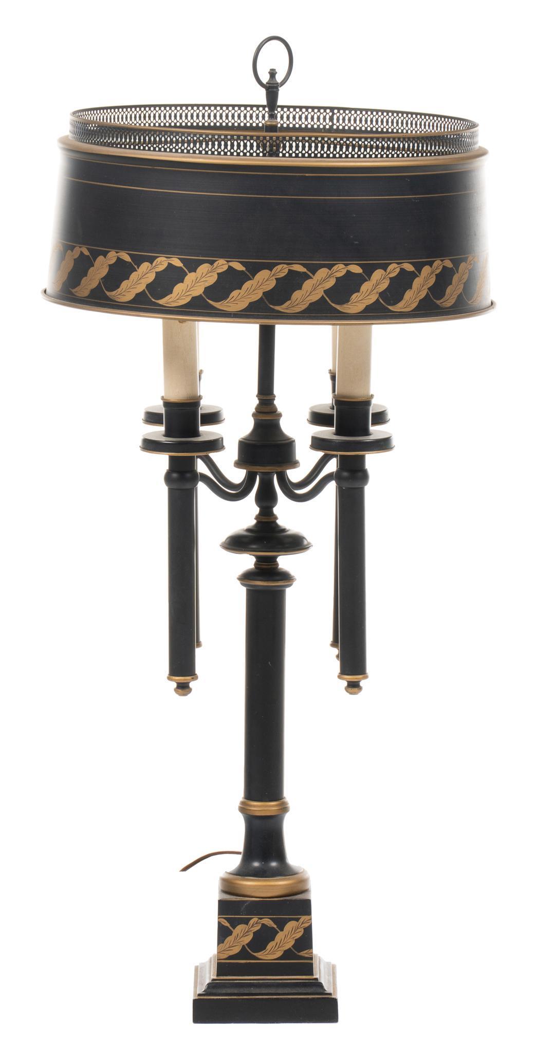 Bouillotte Table Lamp: Bouillotte table lamp, with four arms, each ending in light bulb sockets, featuring metal shade, with gold toned accents, supported on metal base, with switch at base; includes Certificate of Authenti