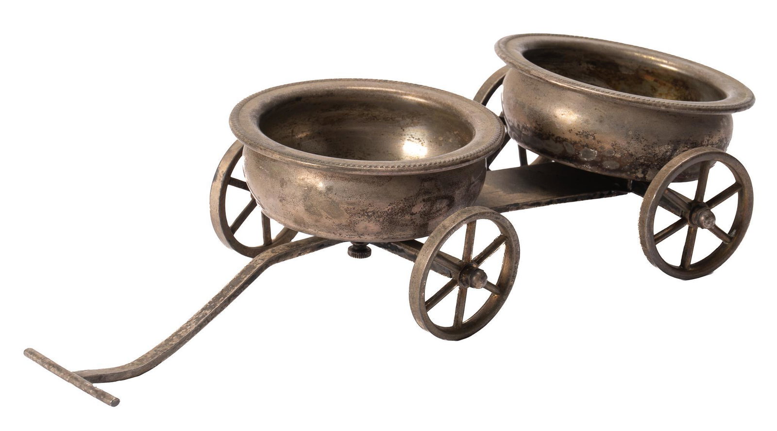 Vintage Condiment Serving Wagon: Vintage condiment serving wagon, with two serving bowls, supported on wagon frame, with rotating wheels and pull; includes Certificate of Authenticity: Estate of author Larry McMurtry, from his Archer