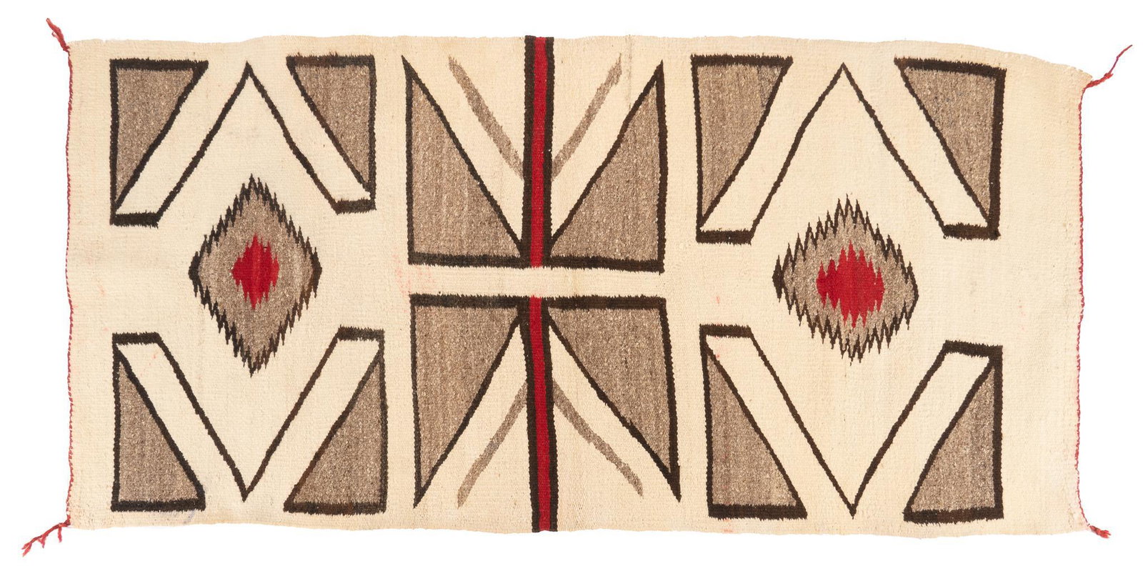 Vintage Navajo Saddle Blanket, 4'11" x 2'5": Vintage handwoven Navajo saddle blanket, geometric designs in gray, red and black on a white background; includes Certificate of Authenticity: Estate of author Larry McMurtry, from his Archer City, Te