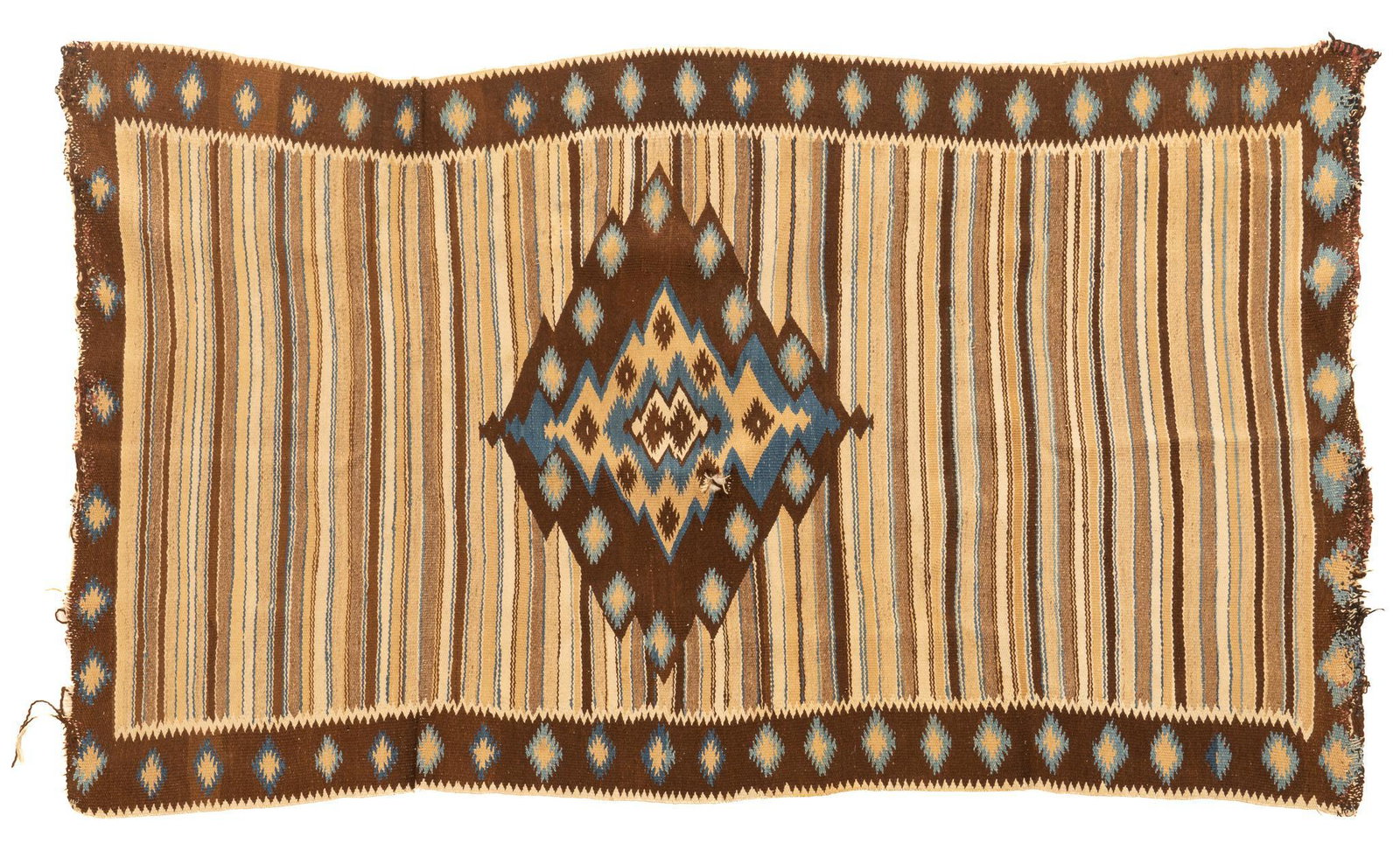 Handmade Southwestern Rug, 6'3" x 3'8": Handmade Southwestern rug, brown, tan, and blue dyes, with diamond motif on striped field, crenelated border with small diamonds; includes Certificate of Authenticity: Estate of author Larry McMurtry,