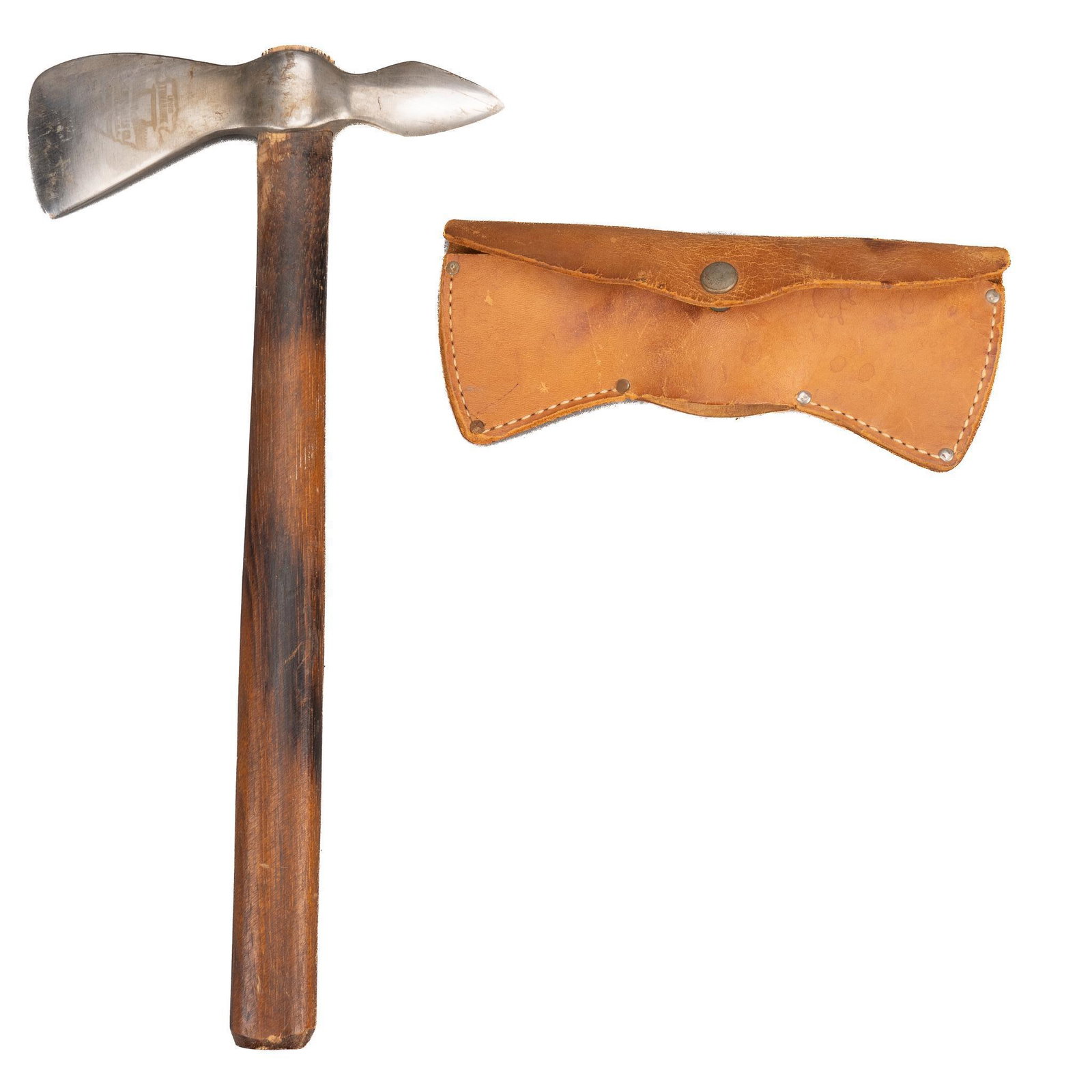 Vintage Sheldon Wells Co. (USA) Lewis Tomahawk: Vintage Sheldon Wells Co. (Kinzua, Pennsylvania) Lewis tomahawk including leather sheath with snap button closure, faded arrowhead shaped logo etched on steel head, "Lewis Tomahawk / Sheldon Wells
