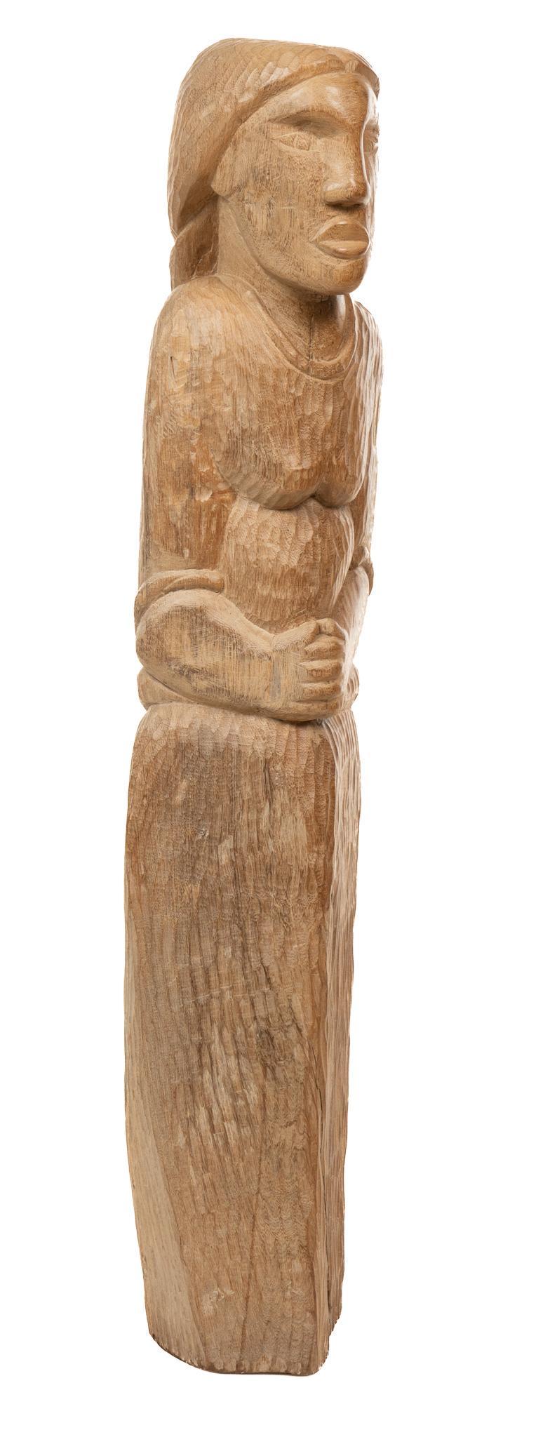 Francisco "Frank" Franklin (b. 1947, Arizona / Mexico), Native American Woman Wood Figure: Hand-carved wood figure of a Native American woman clasping her hands, long braided hair, signed "Francisco" on bottom; includes Certificate of Authenticity: Estate of author Larry McMurtry, from his 