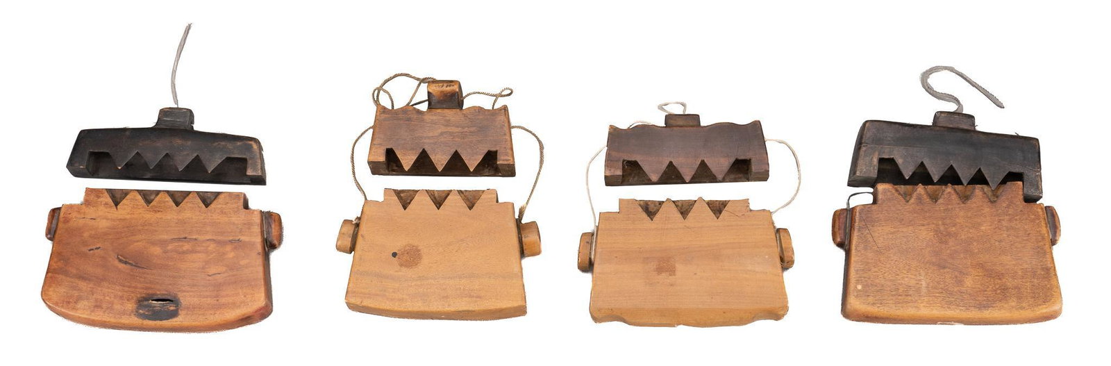 Set of (4) Indonesian Tongal Wood Boxes: Set of four traditional Indonesian tongal / wood box or container, used for carrying tobacco or other small items, zig-zag fitted lids, two-toned, each with attached strings to keep lid and box togeth