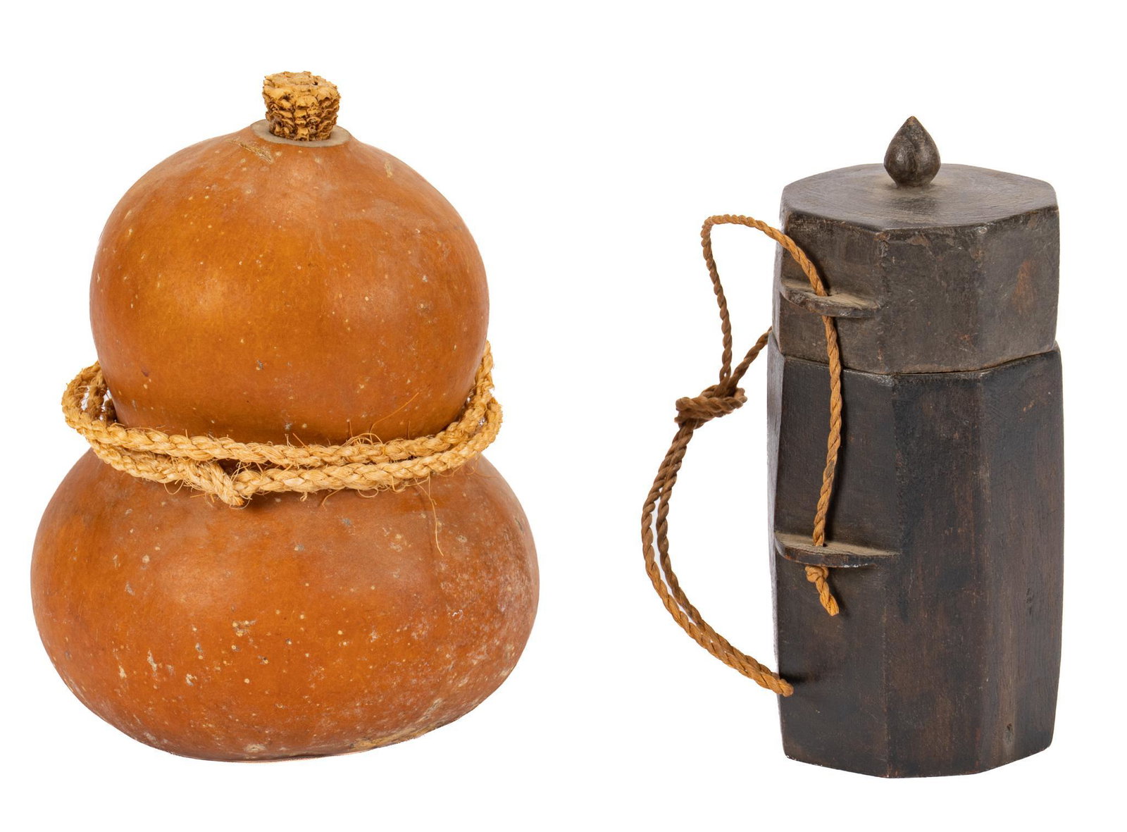 (2) Ethnographic Vessels: Two ethnographic vessels, to include one Native American double curved gourd vessel, possibly from Yucatan or the Andes, encircled with twine rope, with corn cob stopper, also to include one carved ca